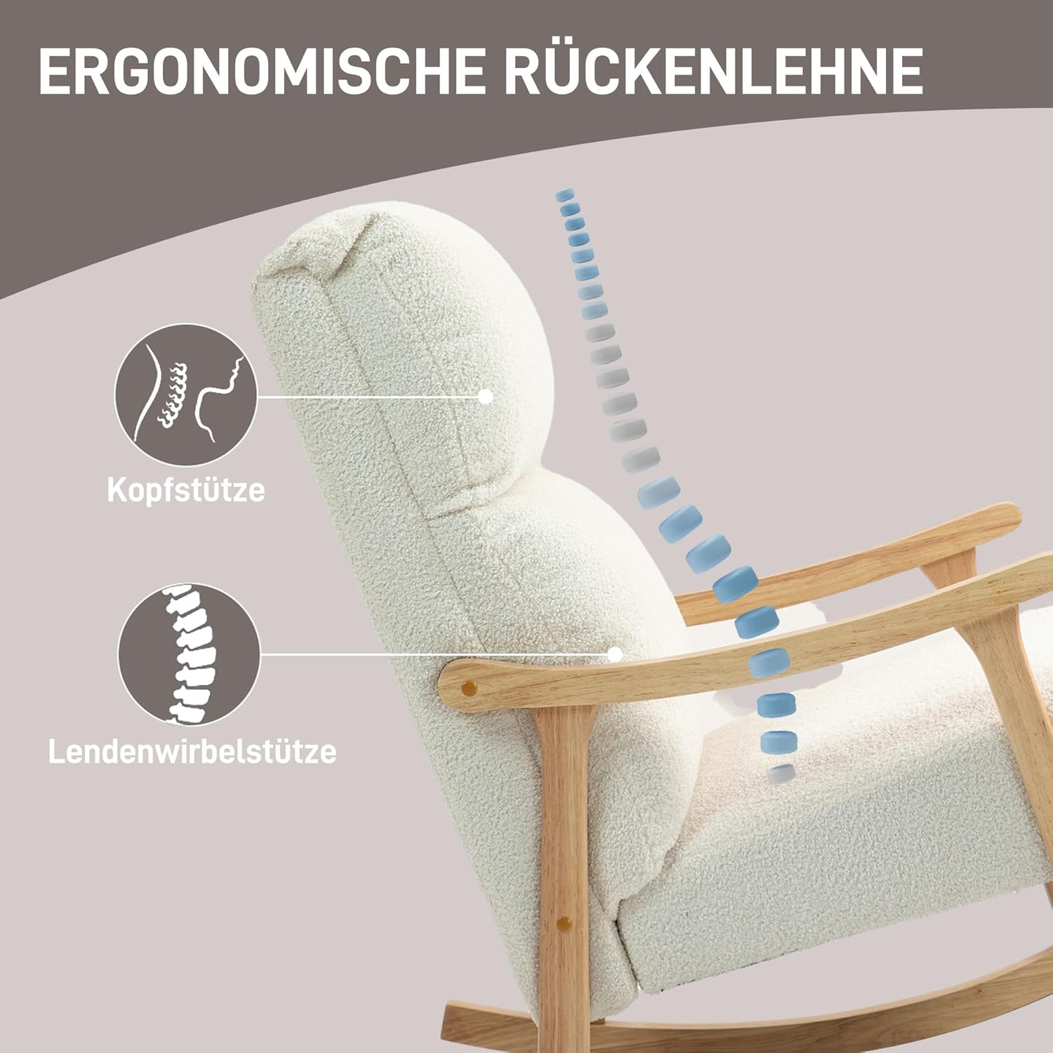 HOMCOM Schaukelstuhl, Schaukelsessel mit Rückenlehne, Holzkufen, Sessel, Relaxsessel mit Teddysamt-Optik, Schwingsessel, Relaxstuhl für Wohnzimmer, Schlafzimmer, Balkon, Cremeweiß — Ansicht 5