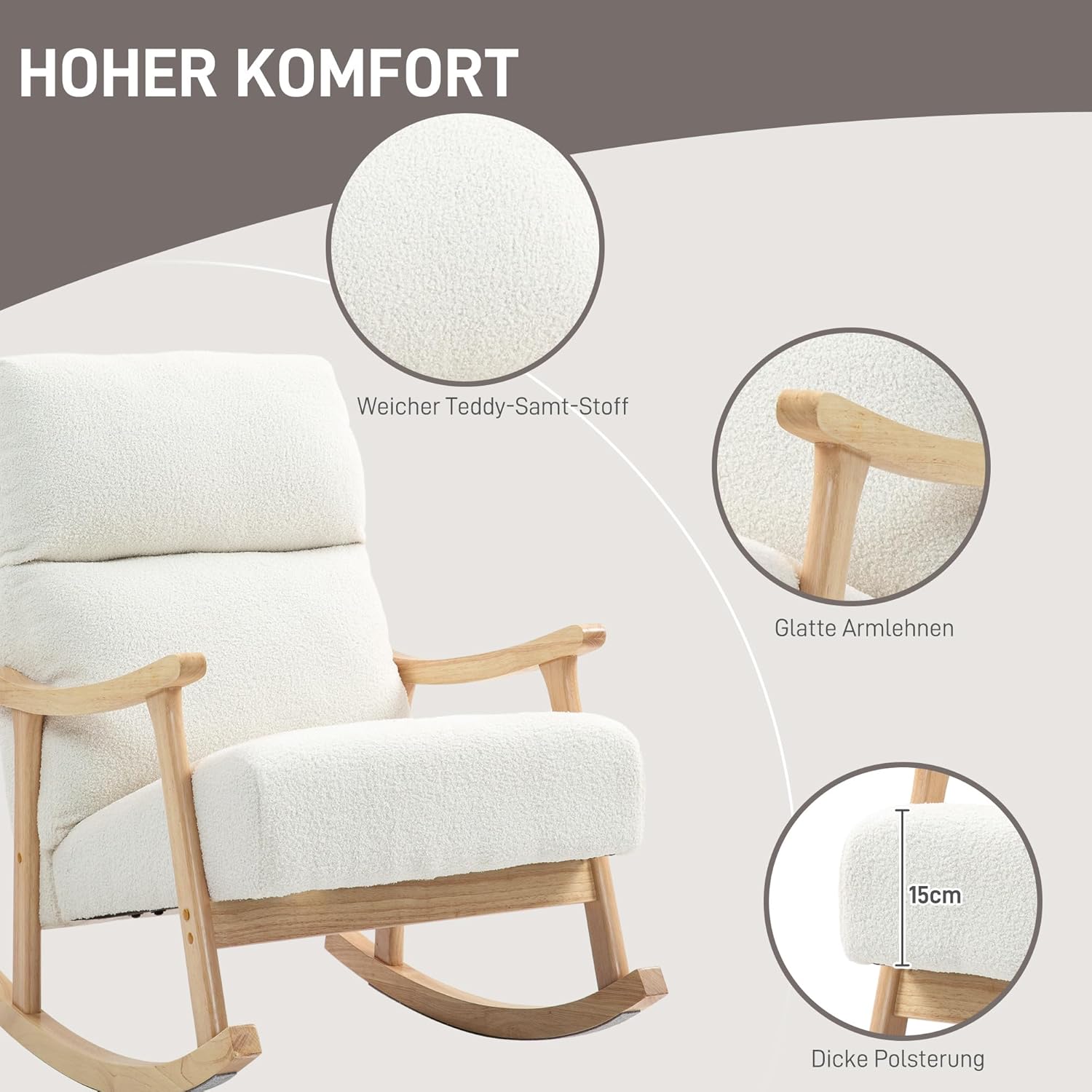 HOMCOM Schaukelstuhl, Schaukelsessel mit Rückenlehne, Holzkufen, Sessel, Relaxsessel mit Teddysamt-Optik, Schwingsessel, Relaxstuhl für Wohnzimmer, Schlafzimmer, Balkon, Cremeweiß — Ansicht 6