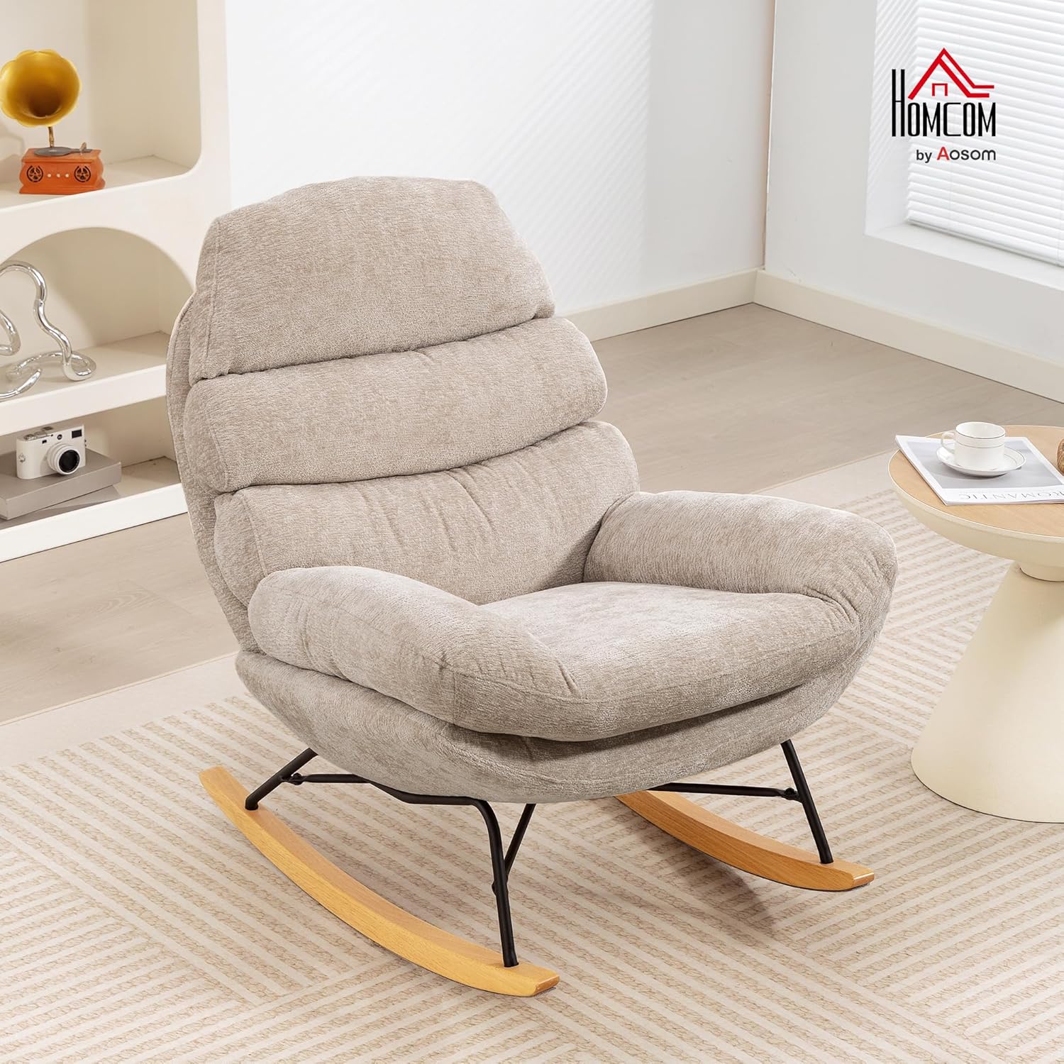 HOMCOM Schaukelstuhl Schaukelsessel mit Rückenlehne Schneidersitz Sessel, gepolstert Relaxsessel mit Chenille-Optik, Holzgestell Schwingsessel, Lesesessel für Wohnzimmer, Cremeweiß — Ansicht 2
