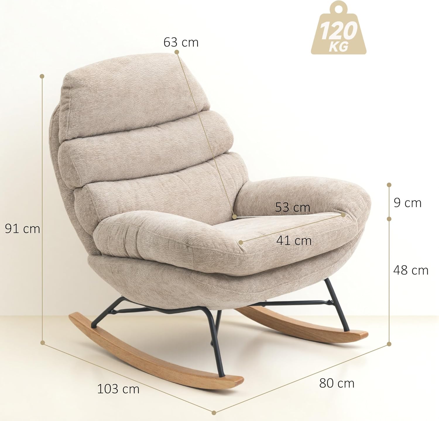 HOMCOM Schaukelstuhl Schaukelsessel mit Rückenlehne Schneidersitz Sessel, gepolstert Relaxsessel mit Chenille-Optik, Holzgestell Schwingsessel, Lesesessel für Wohnzimmer, Cremeweiß — Ansicht 3