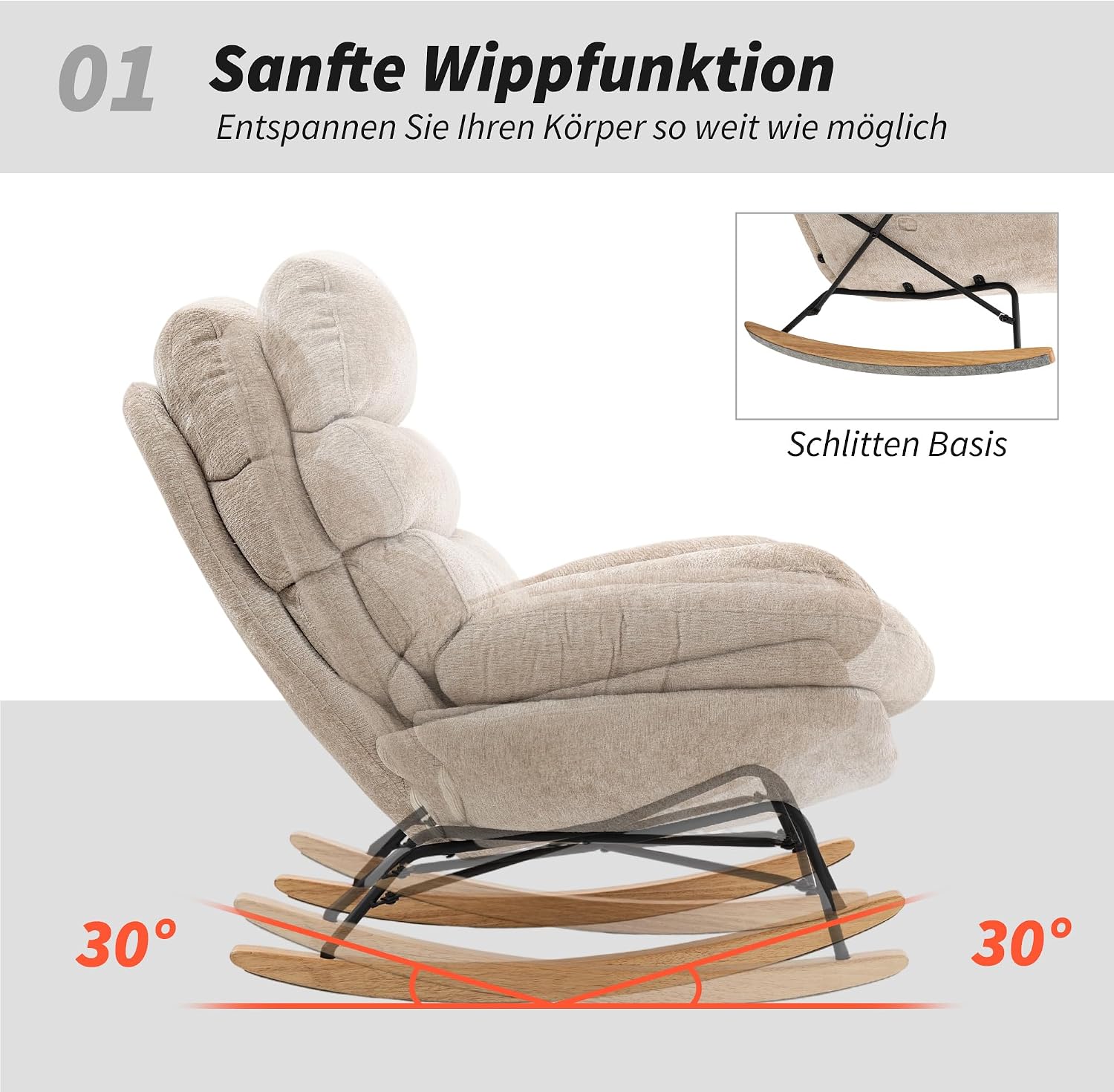 HOMCOM Schaukelstuhl Schaukelsessel mit Rückenlehne Schneidersitz Sessel, gepolstert Relaxsessel mit Chenille-Optik, Holzgestell Schwingsessel, Lesesessel für Wohnzimmer, Cremeweiß — Ansicht 4