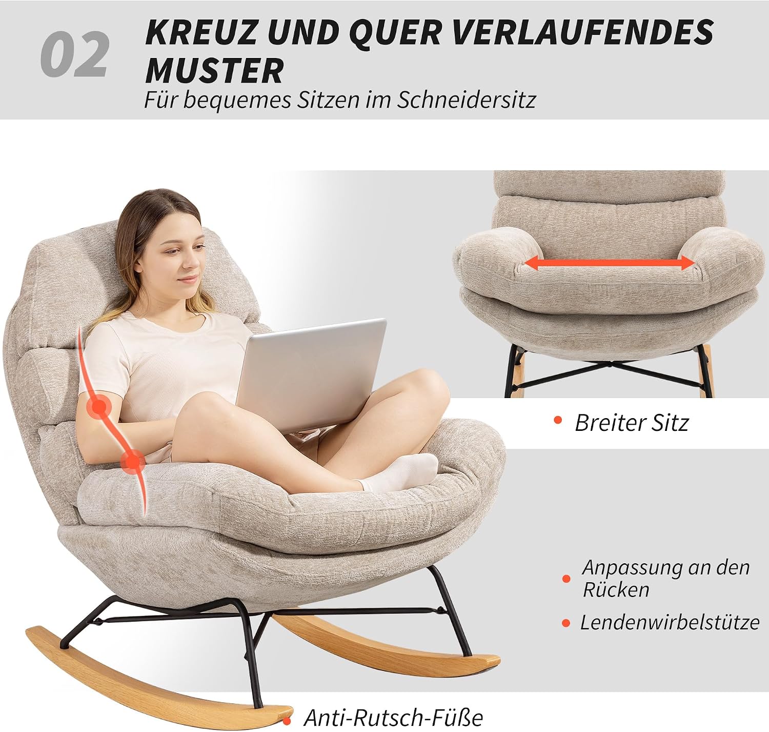 HOMCOM Schaukelstuhl Schaukelsessel mit Rückenlehne Schneidersitz Sessel, gepolstert Relaxsessel mit Chenille-Optik, Holzgestell Schwingsessel, Lesesessel für Wohnzimmer, Cremeweiß — Ansicht 5