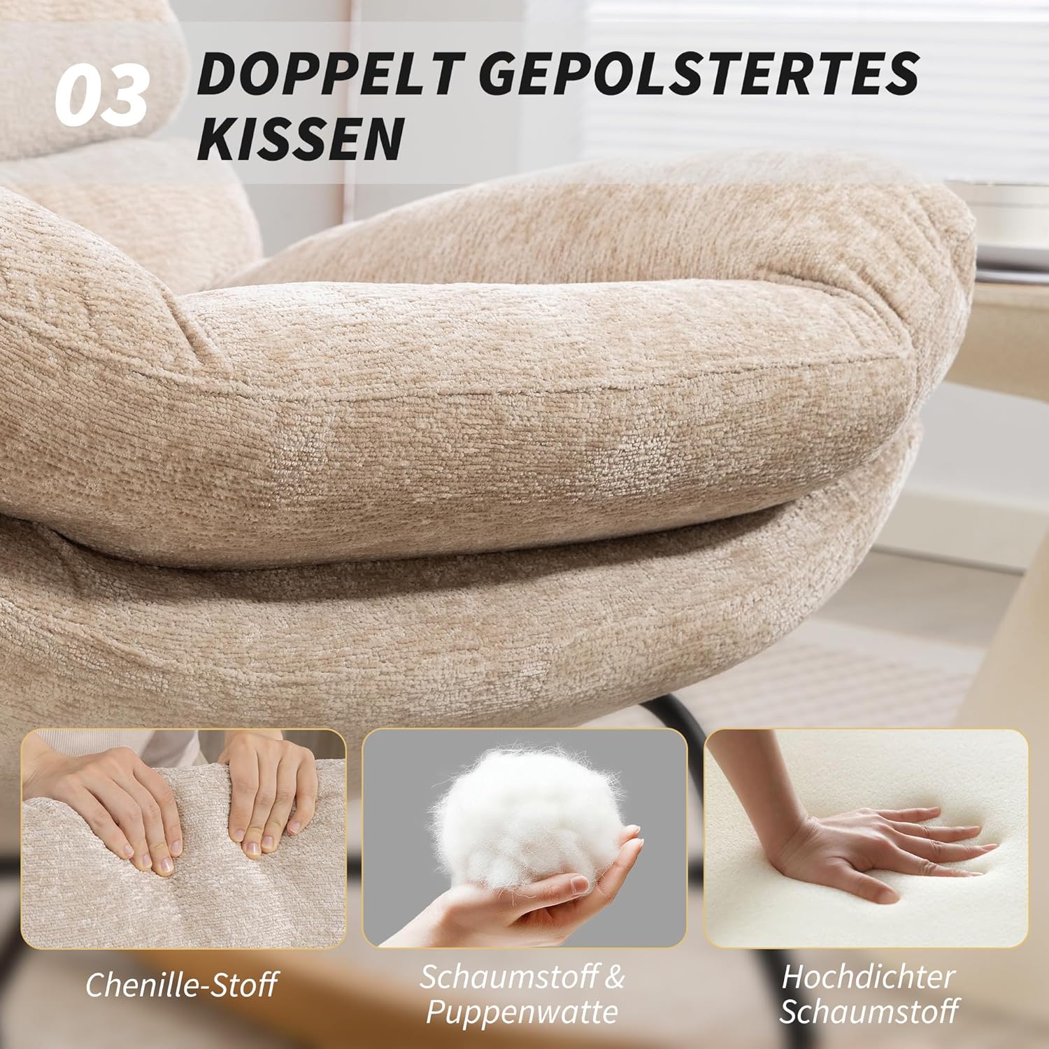 HOMCOM Schaukelstuhl Schaukelsessel mit Rückenlehne Schneidersitz Sessel, gepolstert Relaxsessel mit Chenille-Optik, Holzgestell Schwingsessel, Lesesessel für Wohnzimmer, Cremeweiß — Ansicht 6