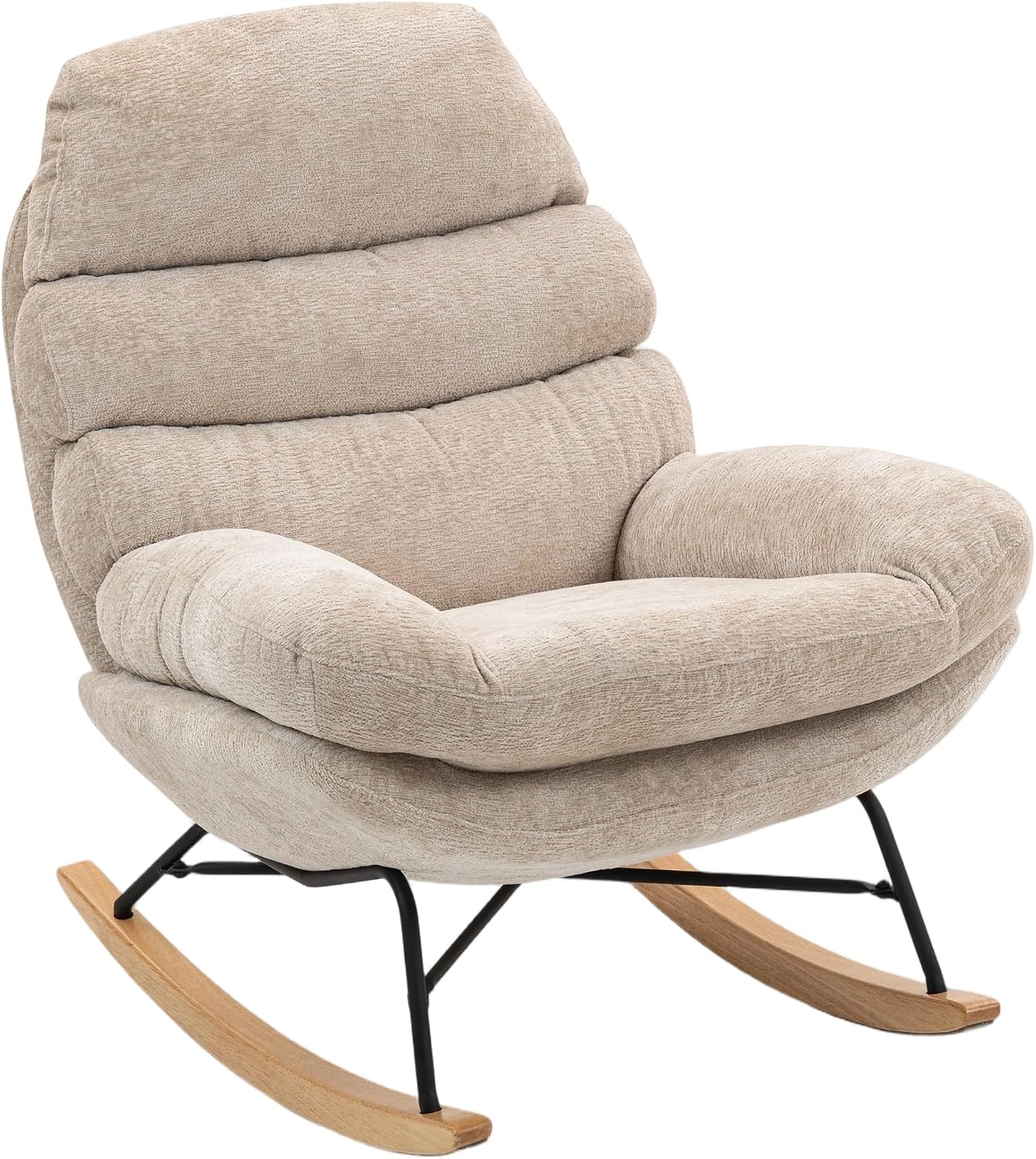 HOMCOM Schaukelstuhl Schaukelsessel mit Rückenlehne Schneidersitz Sessel, gepolstert Relaxsessel mit Chenille-Optik, Holzgestell Schwingsessel, Lesesessel für Wohnzimmer, Cremeweiß