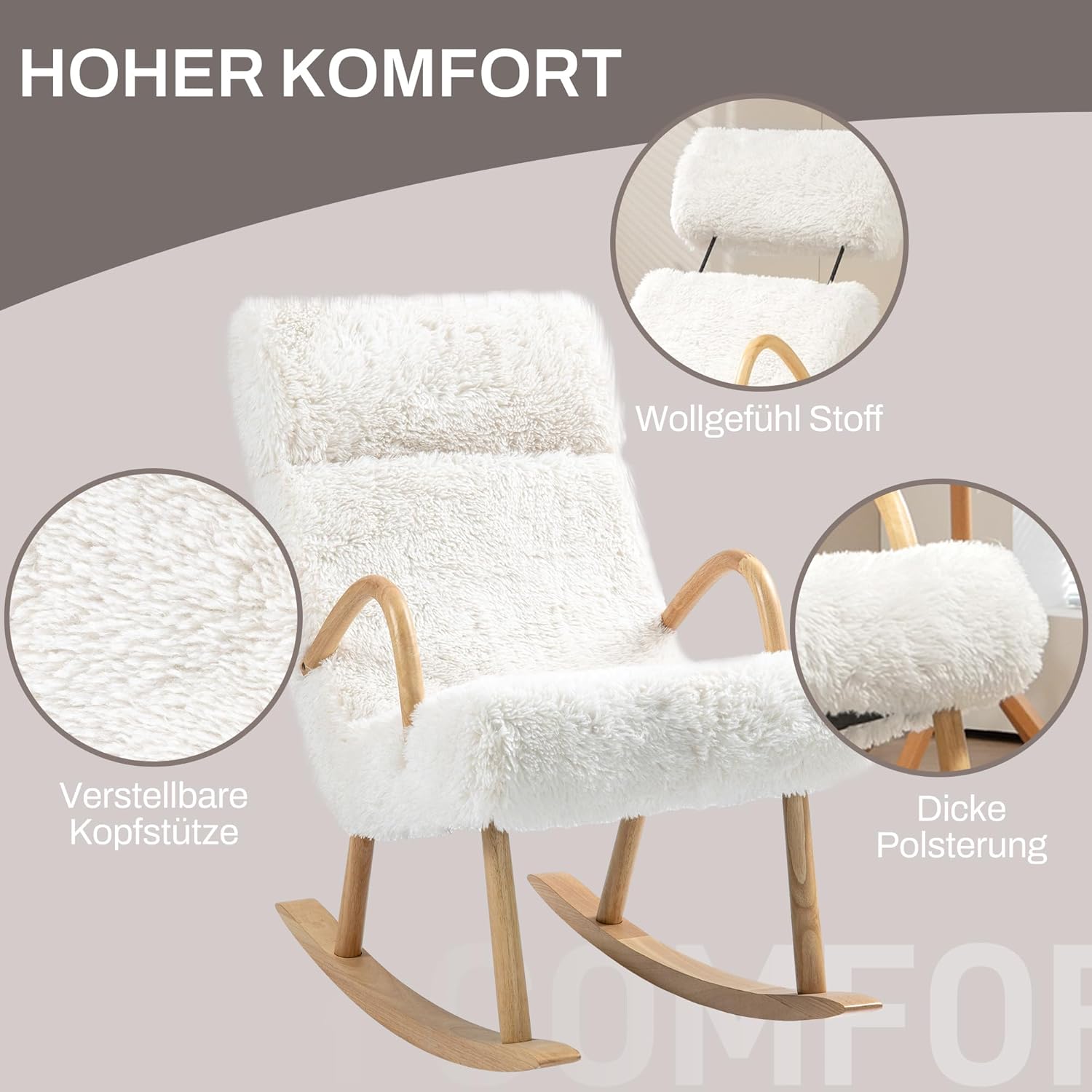 HOMCOM Schaukelstuhl Schwingsessel Armlehnsessel, Stillsessel mit Wollenoptik, Schaukelsessel bis 120 kg Belastbarkeit für Schlafzimmer, Wohnzimmer, Weiß — Ansicht 4