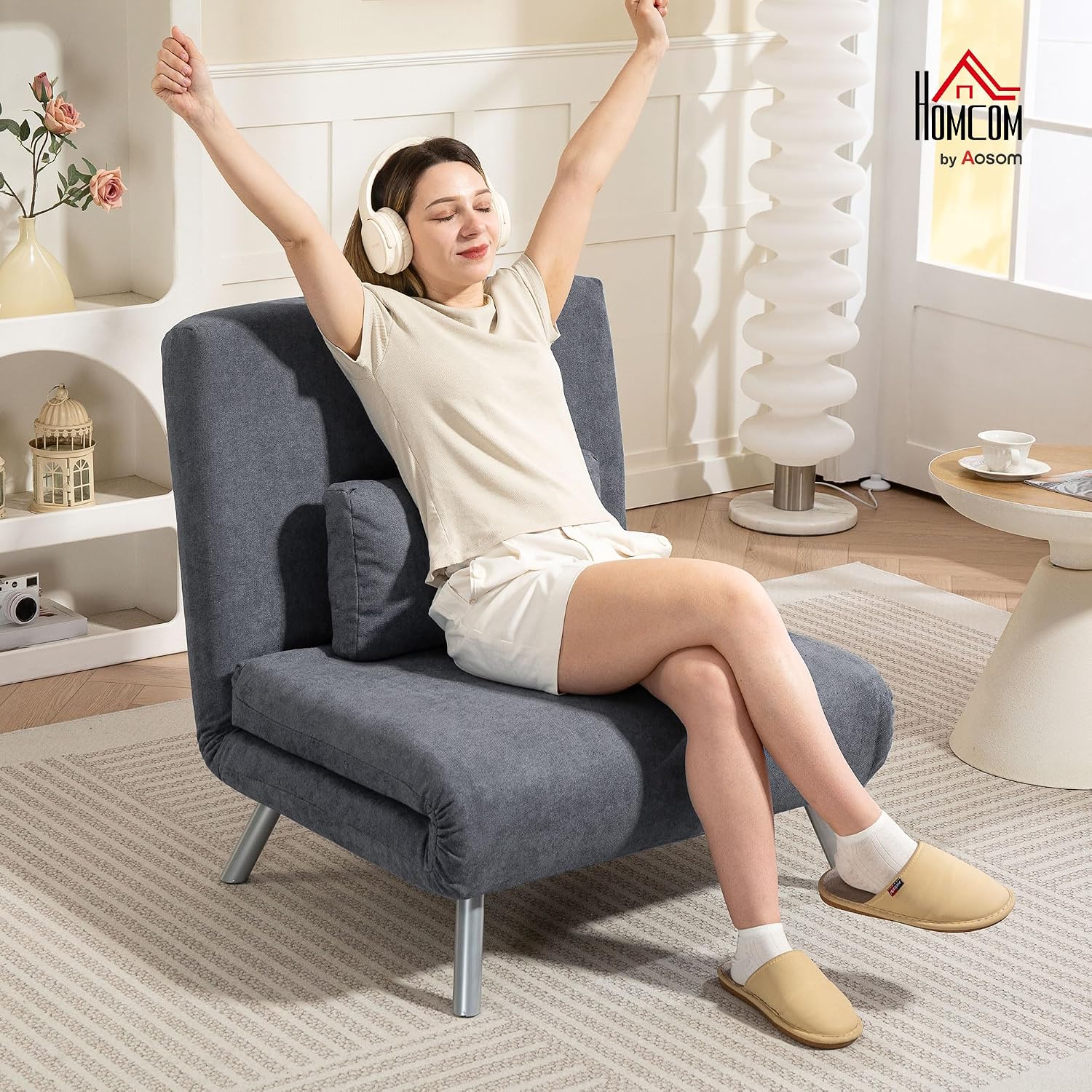 HOMCOM Schlafsessel 3-in-1 klappbar Schlafsofa mit Bettfunktion Relaxsessel mit Verstellbarer Rückenlehne, abnehmbar Kissen, Samtoptik, Gästebett bis 120 kg, Sofabett für Wohnzimmer, Dunkelgrau — Ansicht 2