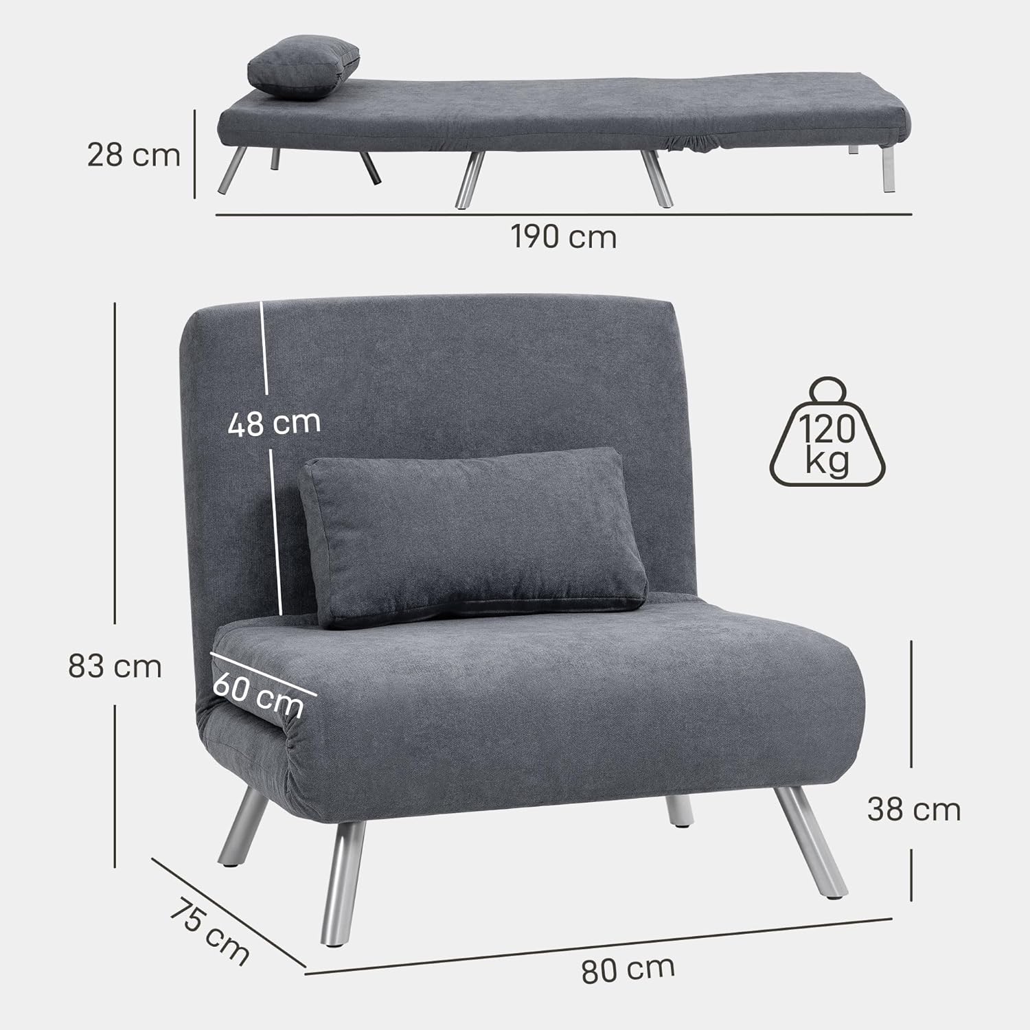 HOMCOM Schlafsessel 3-in-1 klappbar Schlafsofa mit Bettfunktion Relaxsessel mit Verstellbarer Rückenlehne, abnehmbar Kissen, Samtoptik, Gästebett bis 120 kg, Sofabett für Wohnzimmer, Dunkelgrau — Ansicht 3