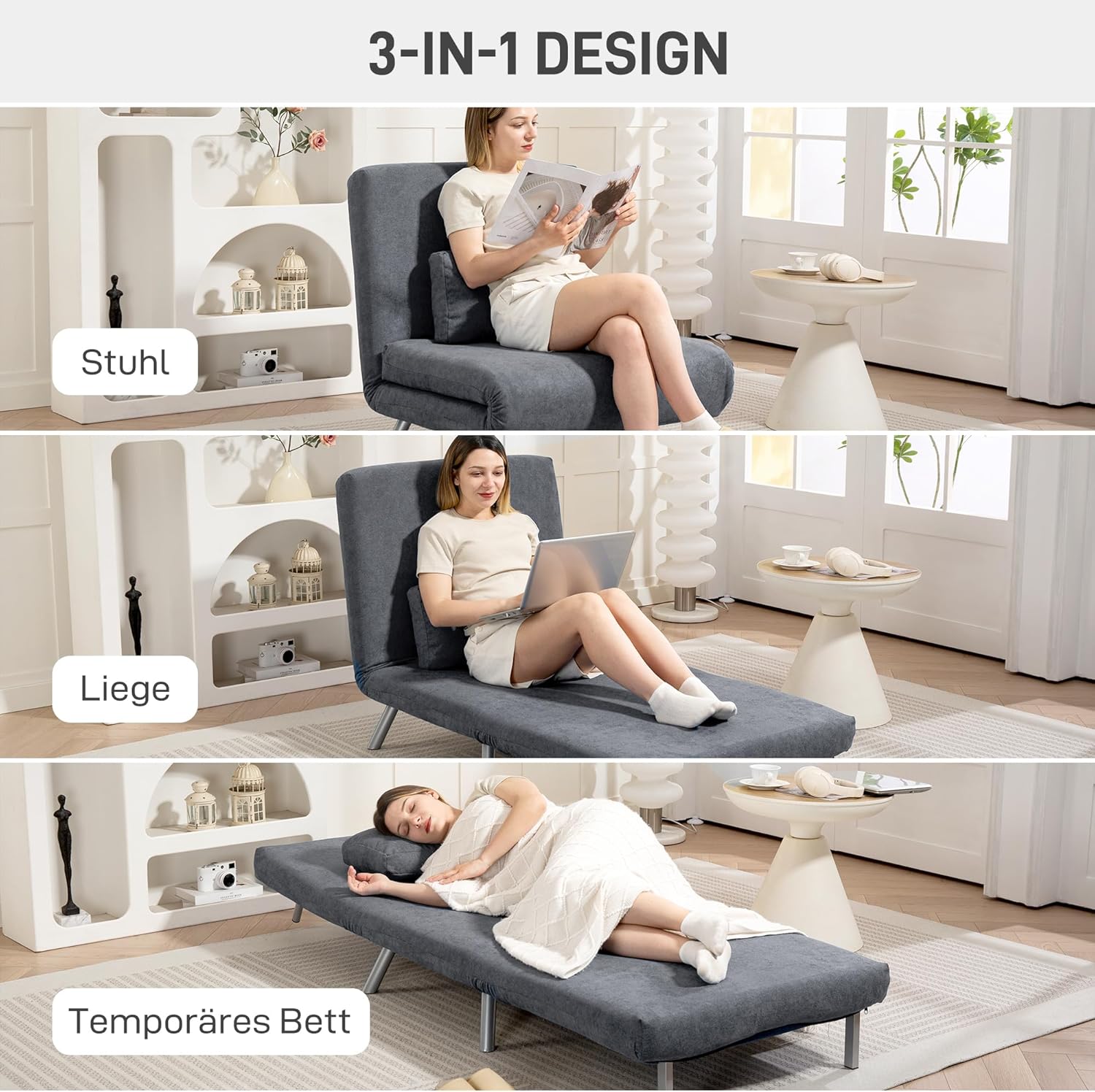 HOMCOM Schlafsessel 3-in-1 klappbar Schlafsofa mit Bettfunktion Relaxsessel mit Verstellbarer Rückenlehne, abnehmbar Kissen, Samtoptik, Gästebett bis 120 kg, Sofabett für Wohnzimmer, Dunkelgrau — Ansicht 4