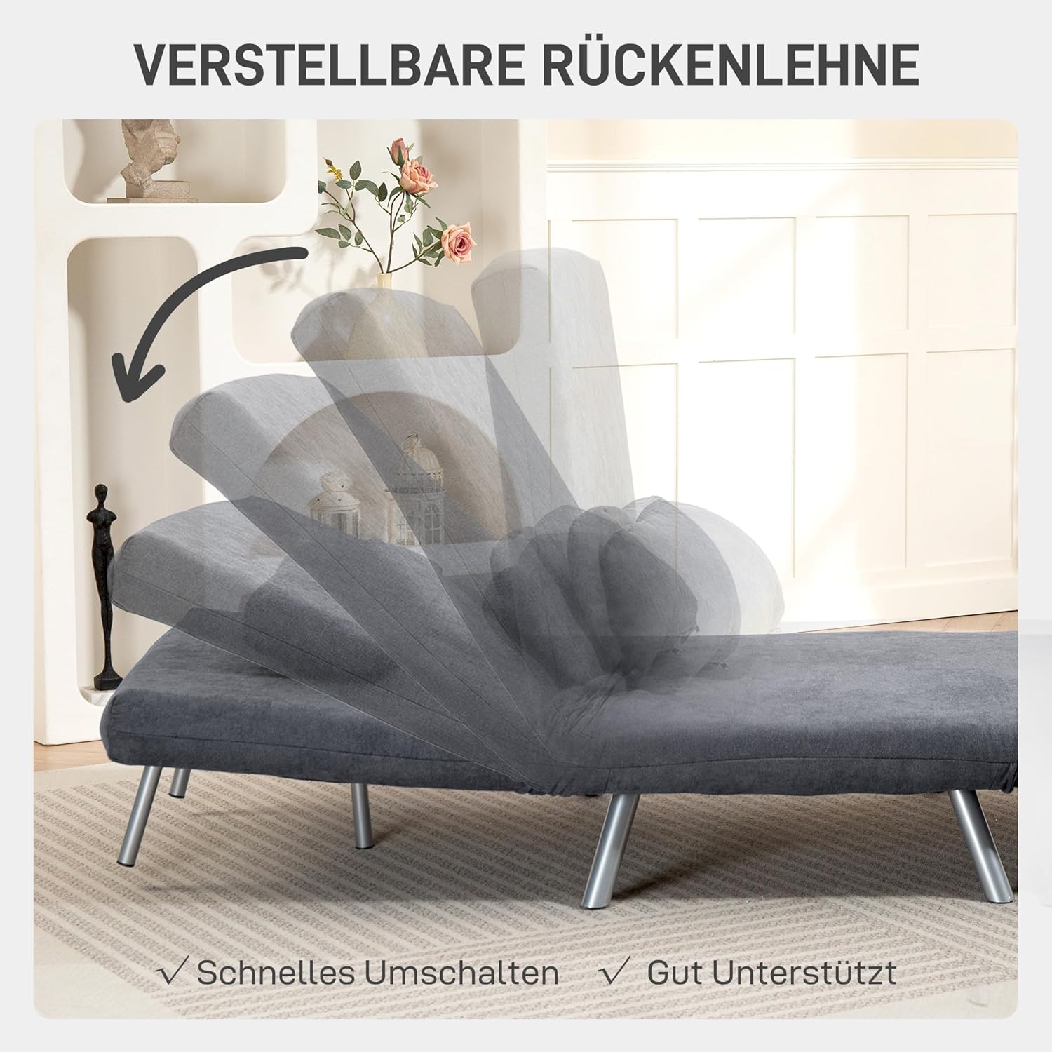 HOMCOM Schlafsessel 3-in-1 klappbar Schlafsofa mit Bettfunktion Relaxsessel mit Verstellbarer Rückenlehne, abnehmbar Kissen, Samtoptik, Gästebett bis 120 kg, Sofabett für Wohnzimmer, Dunkelgrau — Ansicht 5