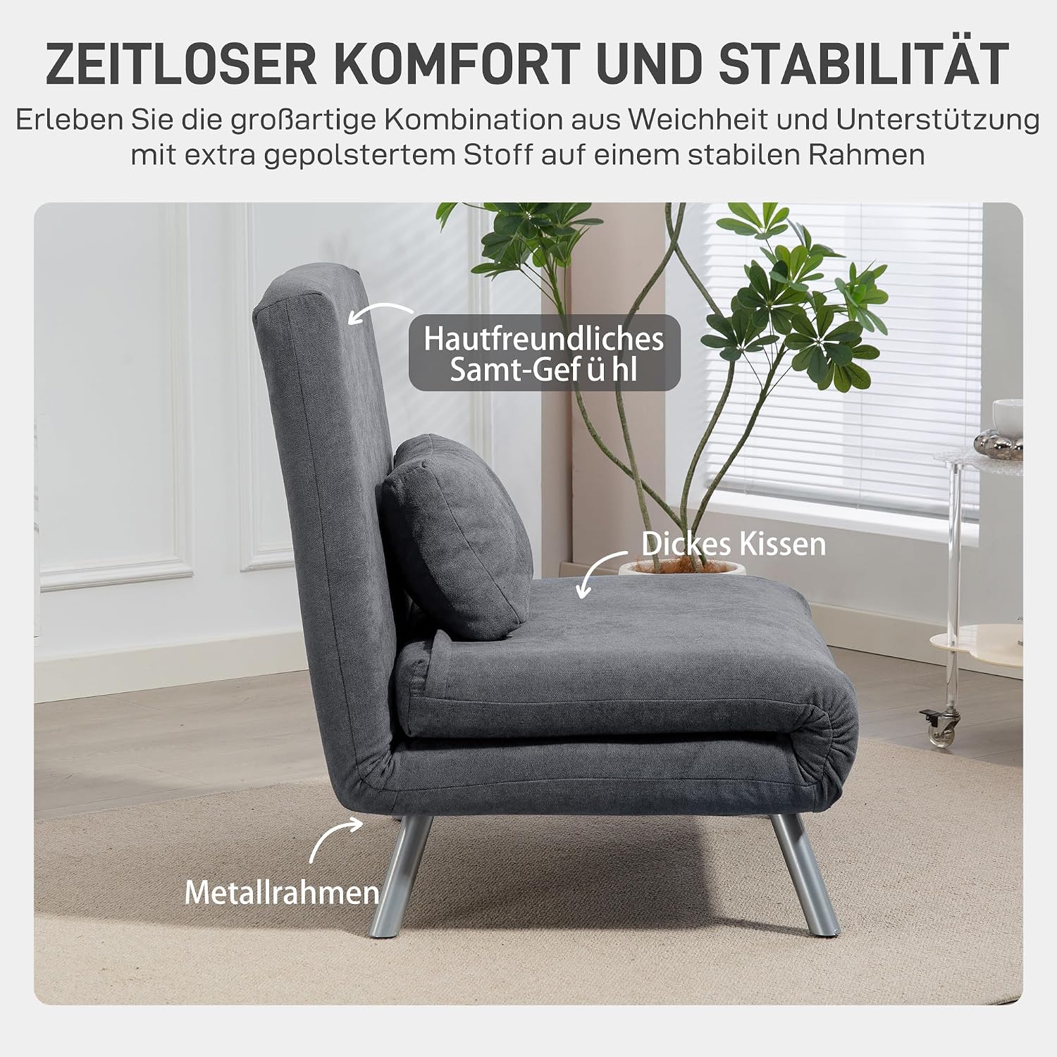 HOMCOM Schlafsessel 3-in-1 klappbar Schlafsofa mit Bettfunktion Relaxsessel mit Verstellbarer Rückenlehne, abnehmbar Kissen, Samtoptik, Gästebett bis 120 kg, Sofabett für Wohnzimmer, Dunkelgrau — Ansicht 6
