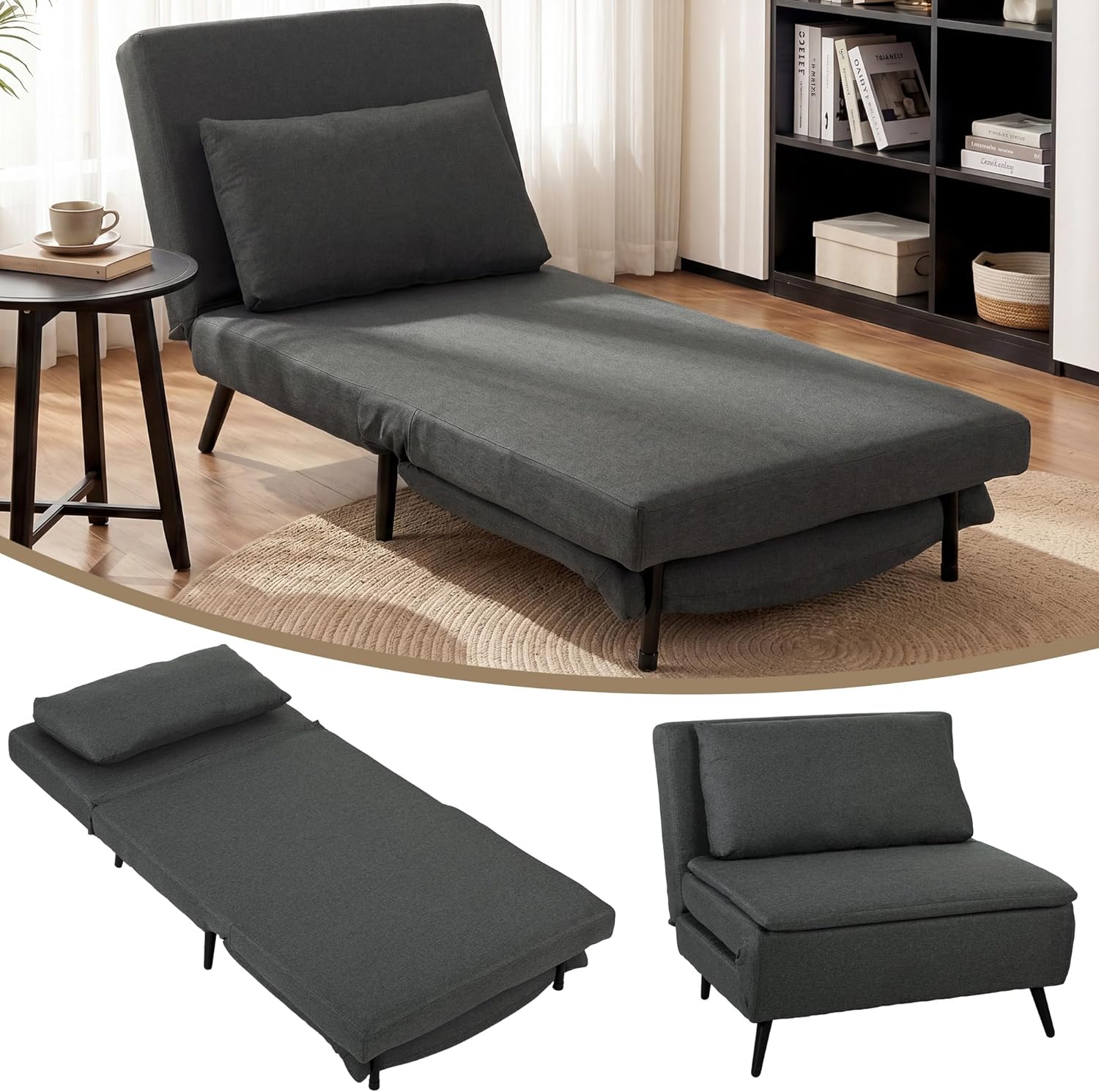 HOMCOM Schlafsessel 3-in-1 Sessel mit Bettfunktion, Klappbar Relaxsessel mit Verstellbarer Rückenlehne, Lendenkissen, Leinenoptik Schlafsofa für Wohnzimmer, Schlafzimmer, Dunkelgrau