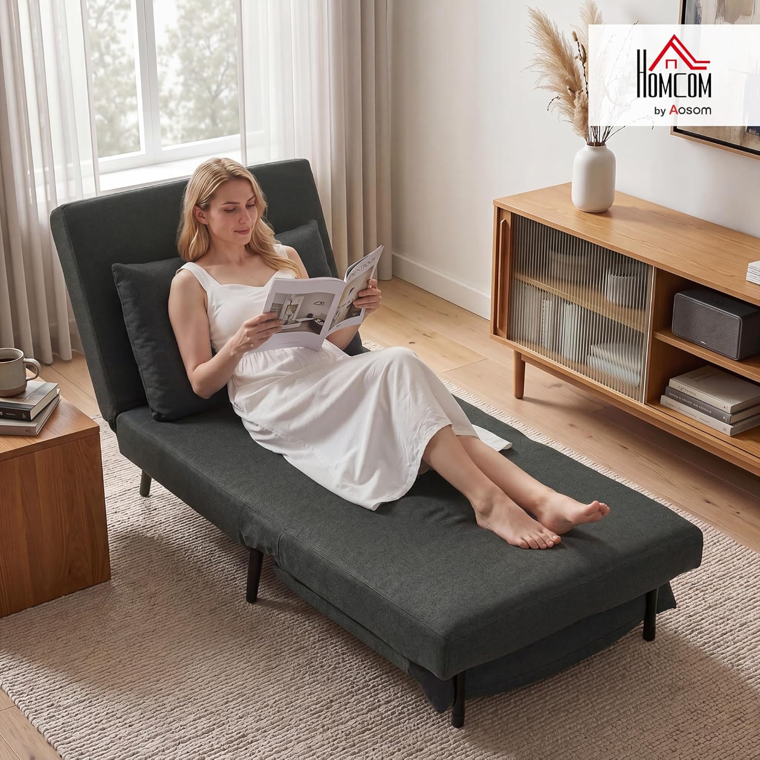 HOMCOM Schlafsessel 3-in-1 Sessel mit Bettfunktion, Klappbar Relaxsessel mit Verstellbarer Rückenlehne, Lendenkissen, Leinenoptik Schlafsofa für Wohnzimmer, Schlafzimmer, Dunkelgrau — Ansicht 2