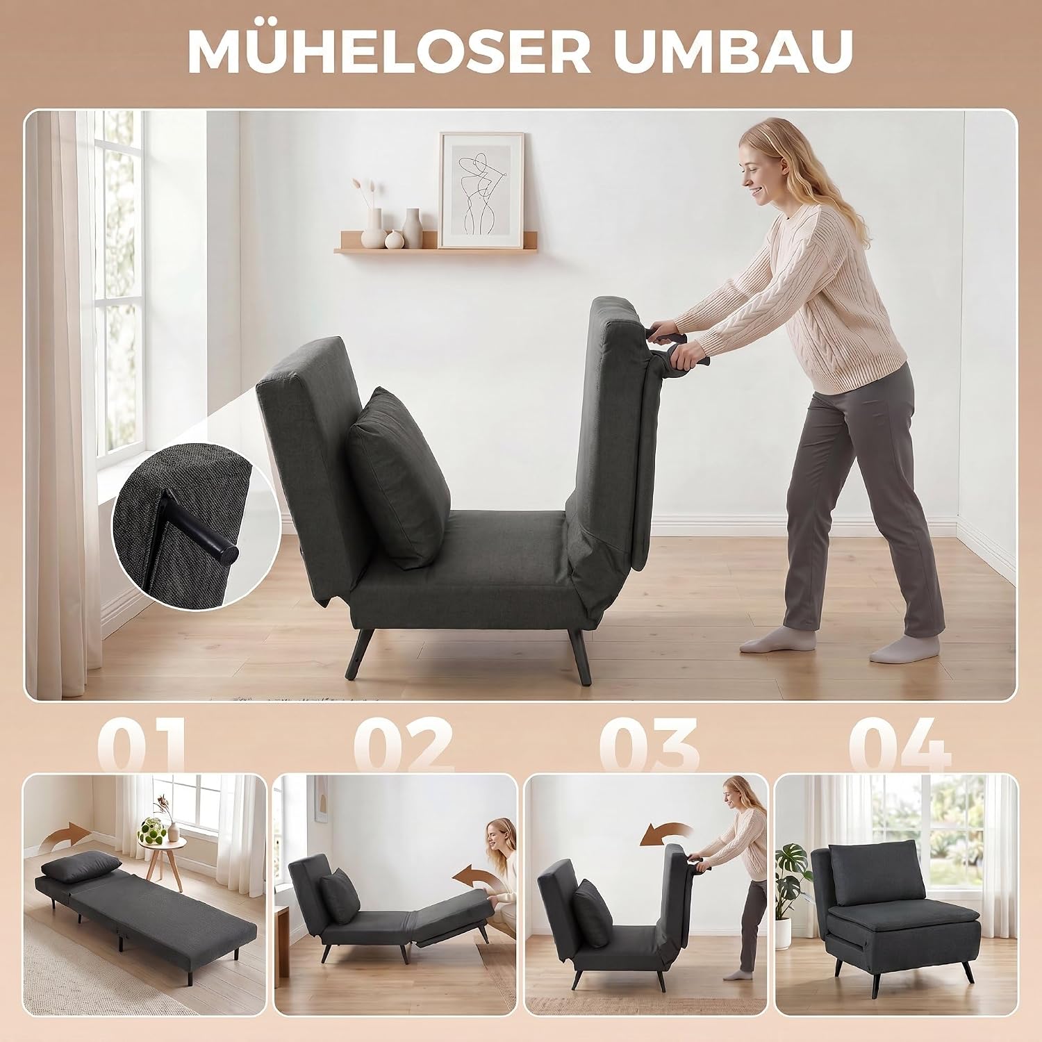 HOMCOM Schlafsessel 3-in-1 Sessel mit Bettfunktion, Klappbar Relaxsessel mit Verstellbarer Rückenlehne, Lendenkissen, Leinenoptik Schlafsofa für Wohnzimmer, Schlafzimmer, Dunkelgrau — Ansicht 4