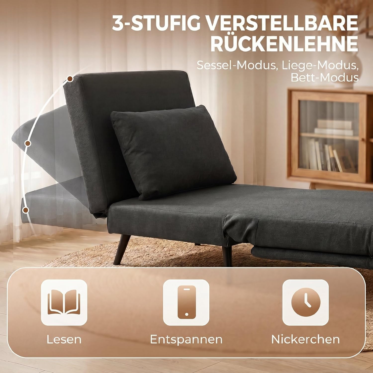 HOMCOM Schlafsessel 3-in-1 Sessel mit Bettfunktion, Klappbar Relaxsessel mit Verstellbarer Rückenlehne, Lendenkissen, Leinenoptik Schlafsofa für Wohnzimmer, Schlafzimmer, Dunkelgrau — Ansicht 5