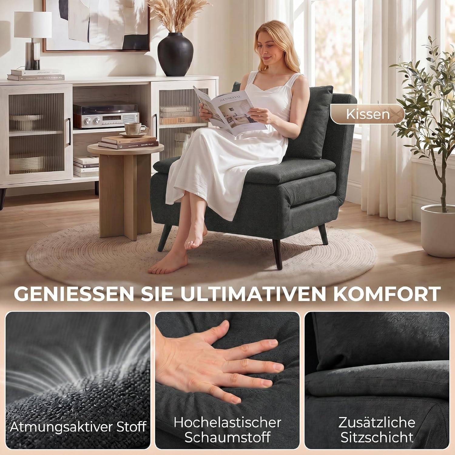 HOMCOM Schlafsessel 3-in-1 Sessel mit Bettfunktion, Klappbar Relaxsessel mit Verstellbarer Rückenlehne, Lendenkissen, Leinenoptik Schlafsofa für Wohnzimmer, Schlafzimmer, Dunkelgrau — Ansicht 6