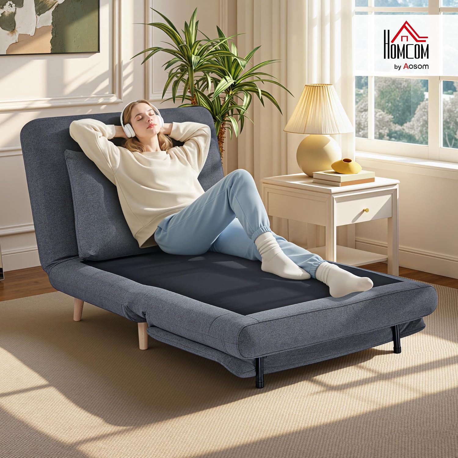 HOMCOM Schlafsessel Extra Breit Schlafsofa mit Bettfunktion, Lendenkissen 3-in-1 Klappbar 191 x 95 cm Relaxsessel mit Verstellbarer Rückenlehne, Leinenoptik Chaiselongue für Wohnzimmer, Grau — Ansicht 2