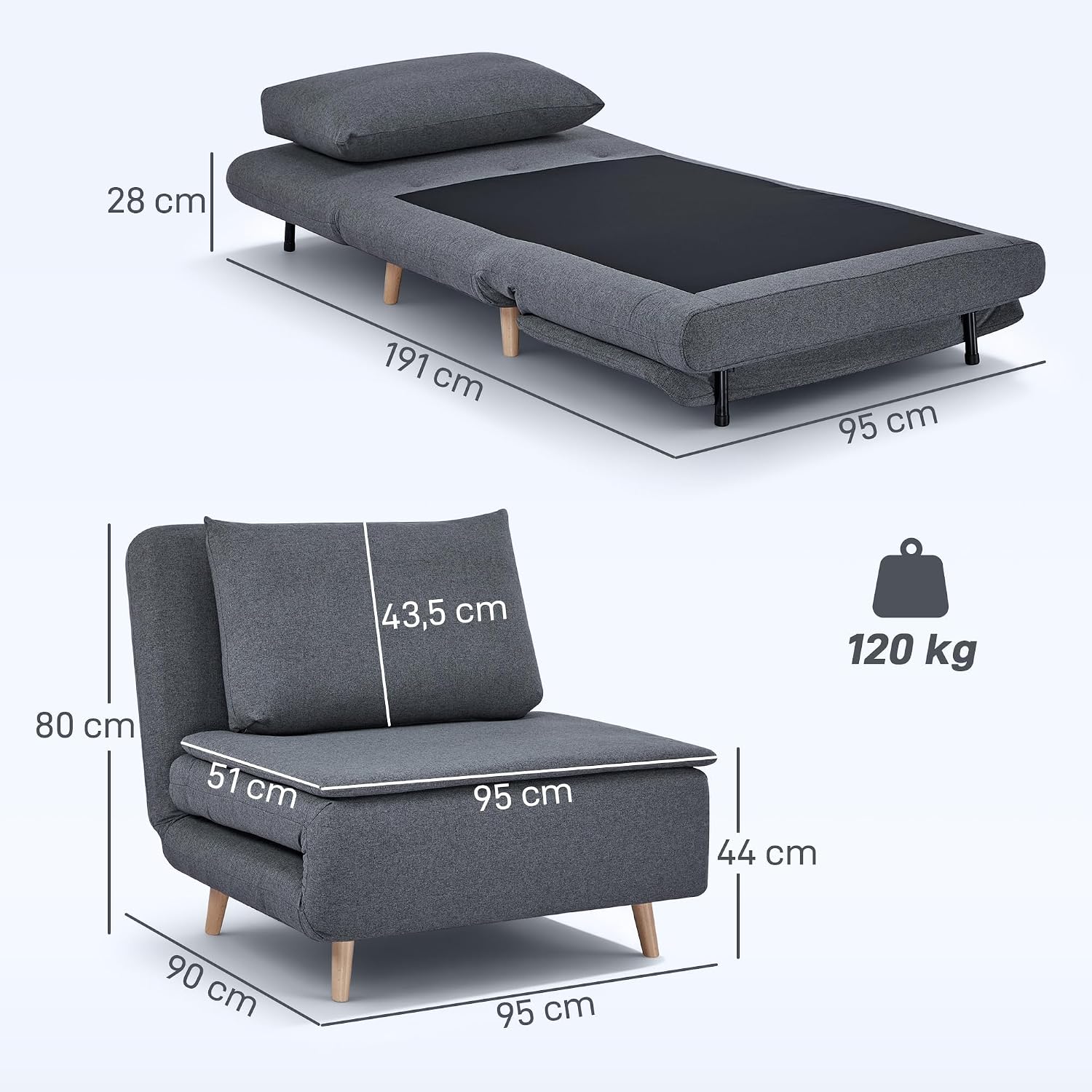 HOMCOM Schlafsessel Extra Breit Schlafsofa mit Bettfunktion, Lendenkissen 3-in-1 Klappbar 191 x 95 cm Relaxsessel mit Verstellbarer Rückenlehne, Leinenoptik Chaiselongue für Wohnzimmer, Grau — Ansicht 3