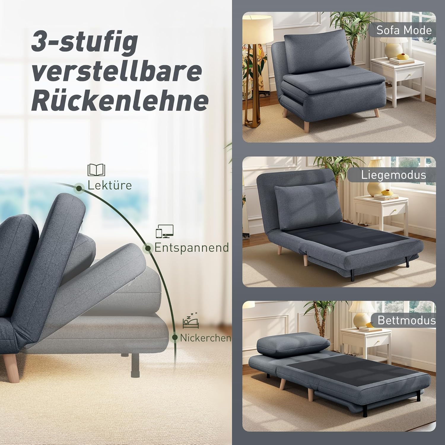 HOMCOM Schlafsessel Extra Breit Schlafsofa mit Bettfunktion, Lendenkissen 3-in-1 Klappbar 191 x 95 cm Relaxsessel mit Verstellbarer Rückenlehne, Leinenoptik Chaiselongue für Wohnzimmer, Grau — Ansicht 4
