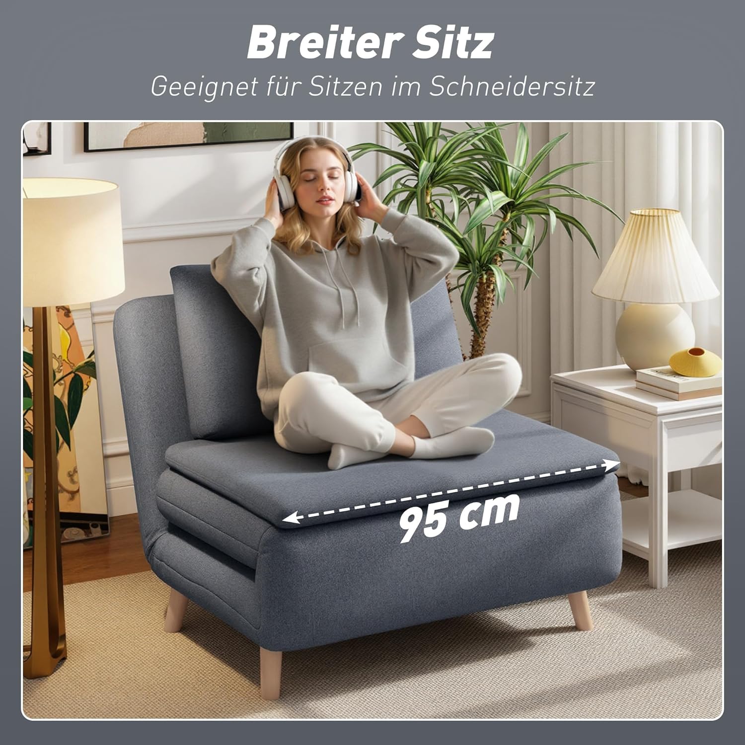 HOMCOM Schlafsessel Extra Breit Schlafsofa mit Bettfunktion, Lendenkissen 3-in-1 Klappbar 191 x 95 cm Relaxsessel mit Verstellbarer Rückenlehne, Leinenoptik Chaiselongue für Wohnzimmer, Grau — Ansicht 5