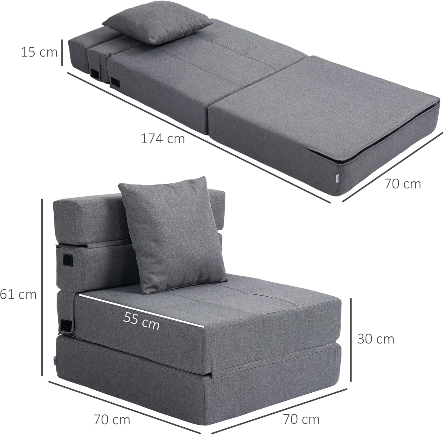 HOMCOM Schlafsessel klappbar, Schlafsofa, 2-in-1 Klappsessel mit Bettfunktion, Relaxsessel mit Kissen, Gästebett für Wohnzimmer, Schlafzimmer, bis 120 kg Belastbar, Dunkelgrau — Ansicht 3