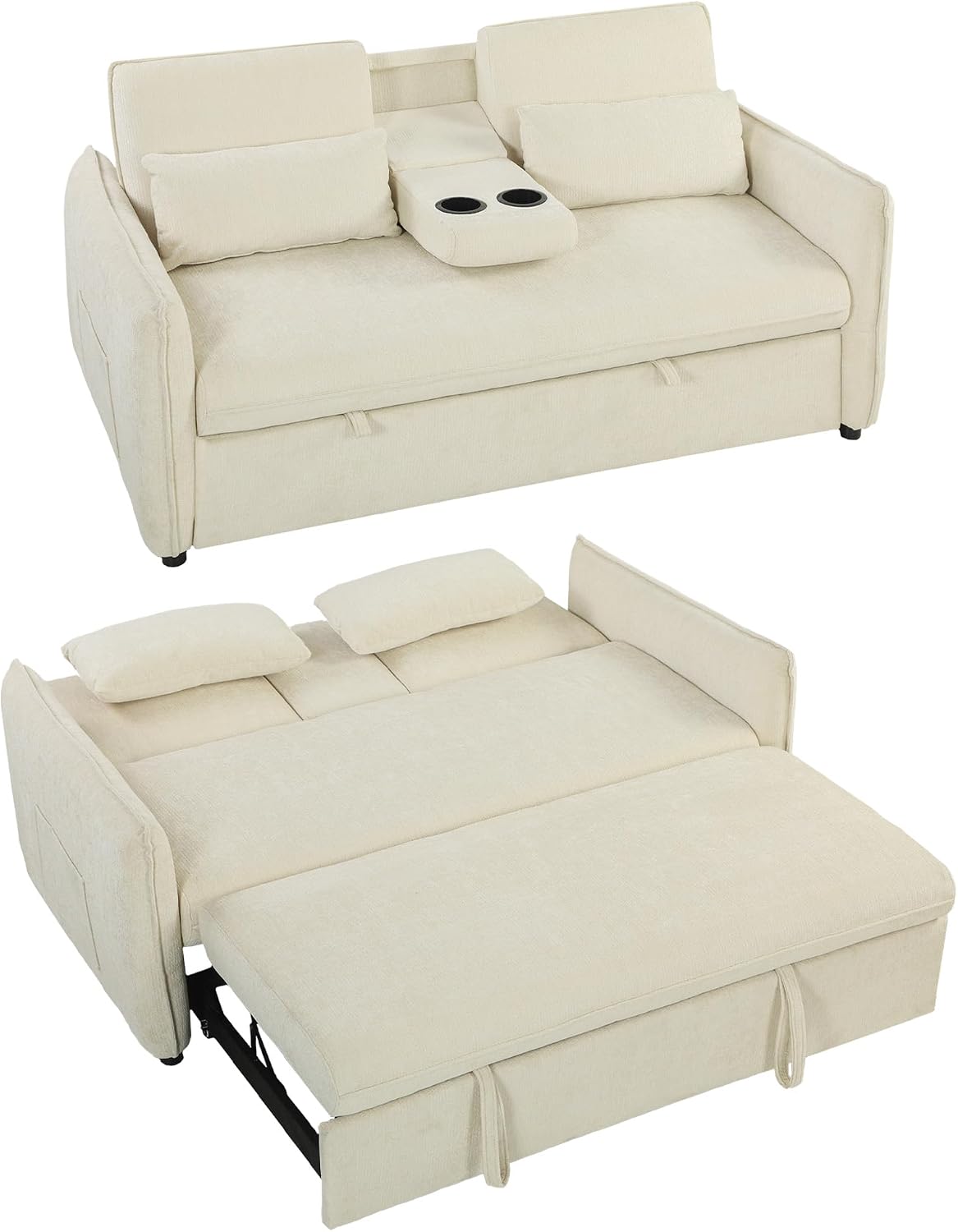 HOMCOM Schlafsofa 141x 180cm 2-Sitzer Sofa mit Schlaffunktion 3-in-1 Ausziehbar Schlafcouch mit Verstellbarer Rückenlehne, Seitentaschen, 2 Kissen, Getränkehalter, Chenille-Optik für Wohnzimmer, Beige