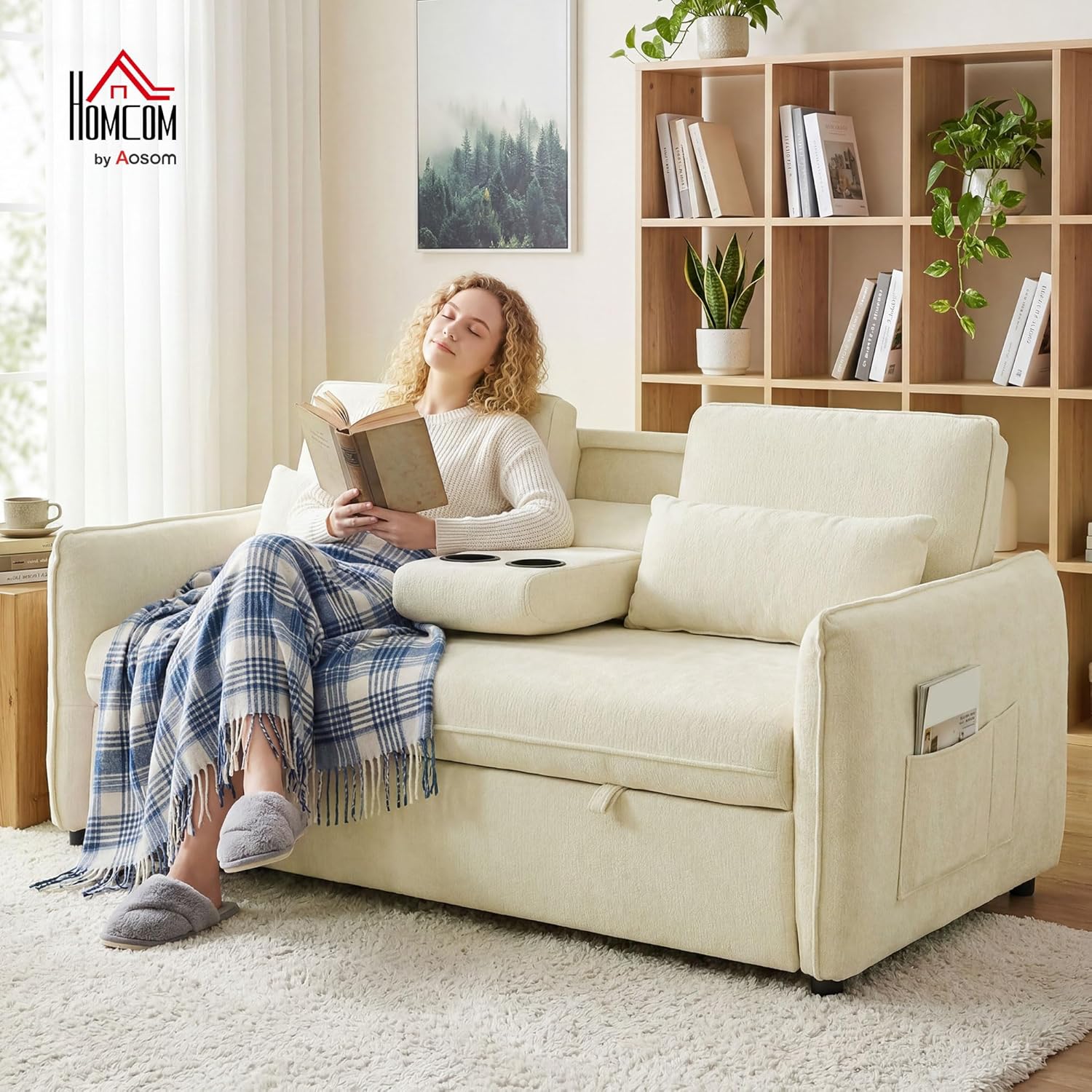 HOMCOM Schlafsofa 141x 180cm 2-Sitzer Sofa mit Schlaffunktion 3-in-1 Ausziehbar Schlafcouch mit Verstellbarer Rückenlehne, Seitentaschen, 2 Kissen, Getränkehalter, Chenille-Optik für Wohnzimmer, Beige — Ansicht 2