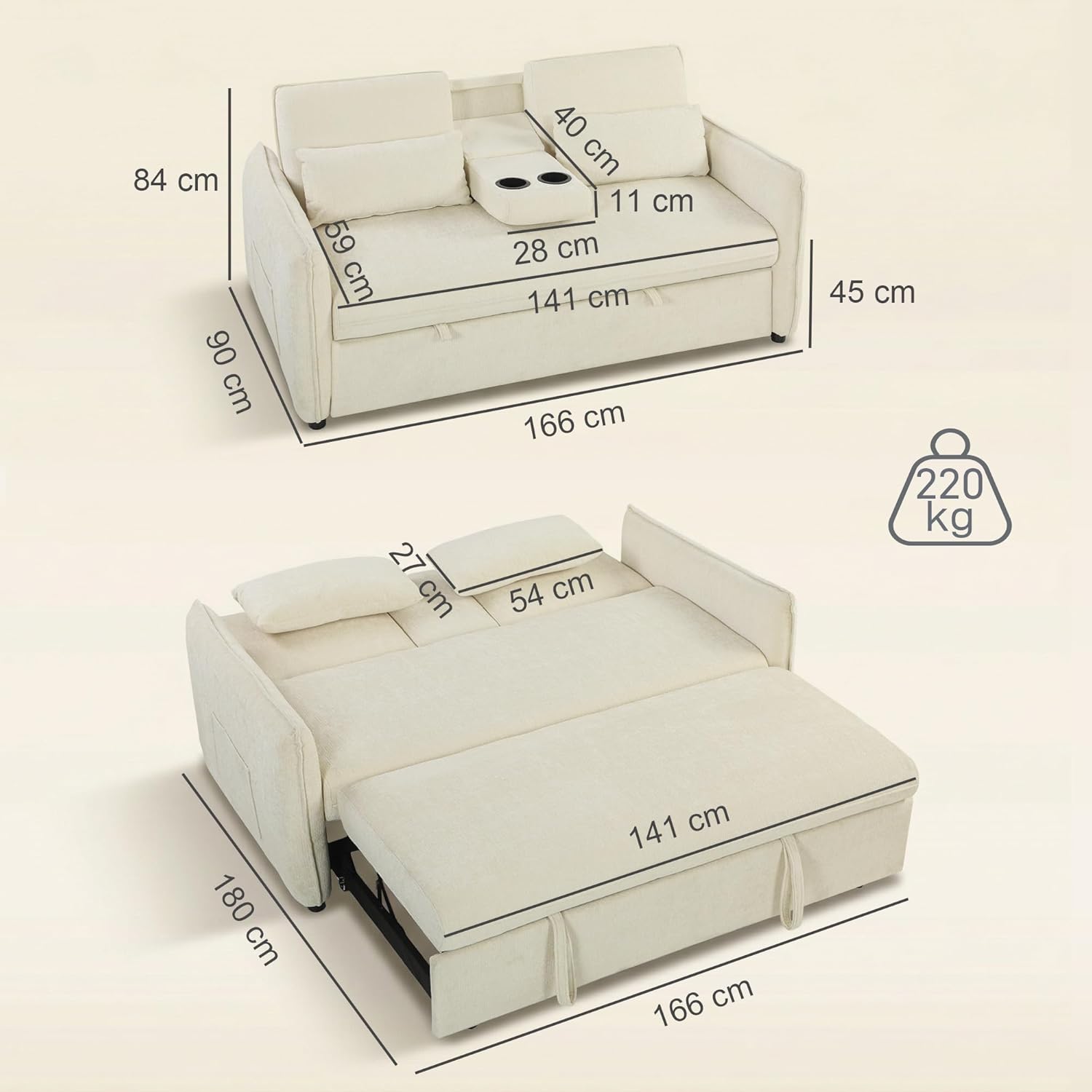 HOMCOM Schlafsofa 141x 180cm 2-Sitzer Sofa mit Schlaffunktion 3-in-1 Ausziehbar Schlafcouch mit Verstellbarer Rückenlehne, Seitentaschen, 2 Kissen, Getränkehalter, Chenille-Optik für Wohnzimmer, Beige — Ansicht 3