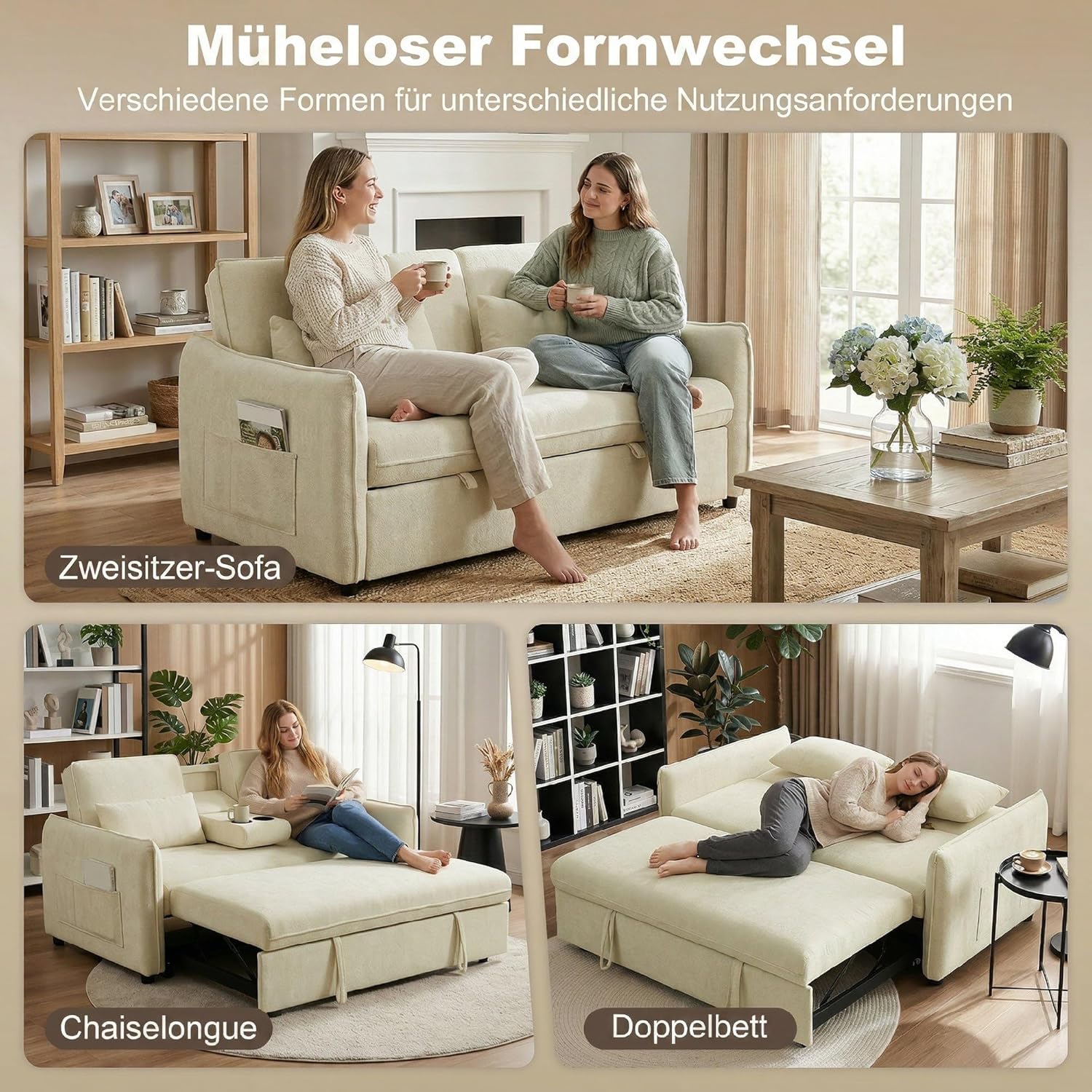HOMCOM Schlafsofa 141x 180cm 2-Sitzer Sofa mit Schlaffunktion 3-in-1 Ausziehbar Schlafcouch mit Verstellbarer Rückenlehne, Seitentaschen, 2 Kissen, Getränkehalter, Chenille-Optik für Wohnzimmer, Beige — Ansicht 4