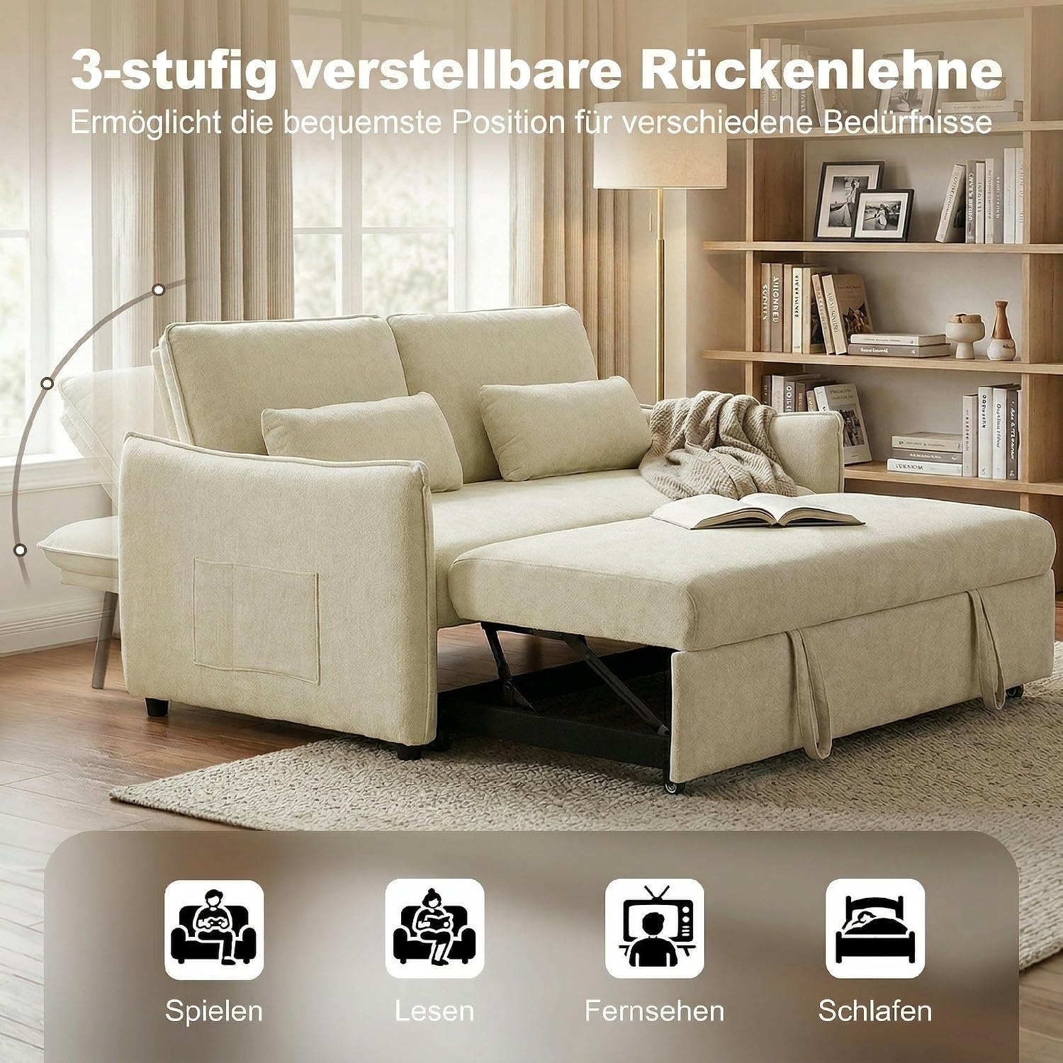 HOMCOM Schlafsofa 141x 180cm 2-Sitzer Sofa mit Schlaffunktion 3-in-1 Ausziehbar Schlafcouch mit Verstellbarer Rückenlehne, Seitentaschen, 2 Kissen, Getränkehalter, Chenille-Optik für Wohnzimmer, Beige — Ansicht 5