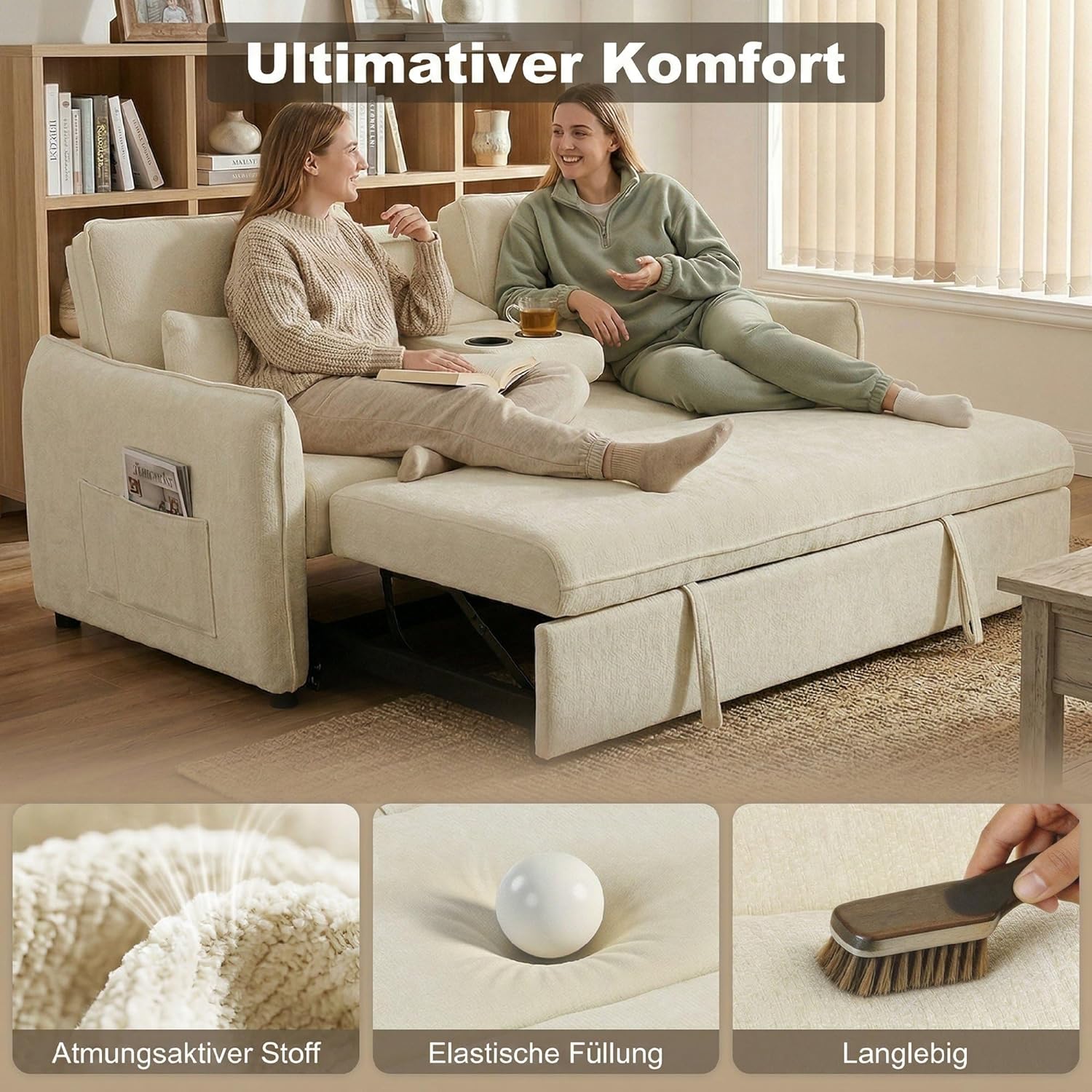 HOMCOM Schlafsofa 141x 180cm 2-Sitzer Sofa mit Schlaffunktion 3-in-1 Ausziehbar Schlafcouch mit Verstellbarer Rückenlehne, Seitentaschen, 2 Kissen, Getränkehalter, Chenille-Optik für Wohnzimmer, Beige — Ansicht 6
