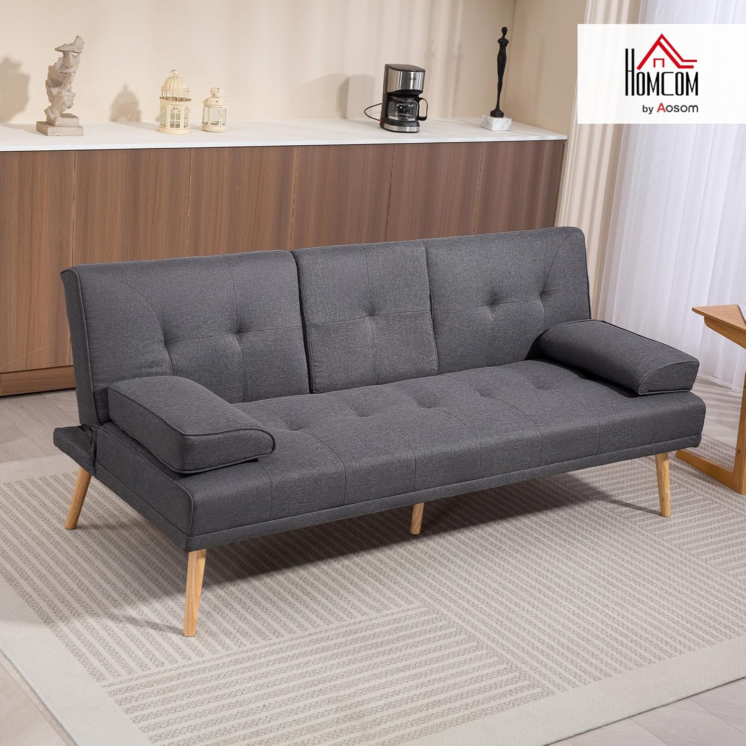 HOMCOM Schlafsofa, 3-Sitzer Sofa, Schlafcouch mit Klappbarem Tisch, Becherhalter, Bettsofa mit Leinenoptik, Couch Gästebet für Wohnzimmer, Dunkelgrau — Ansicht 2