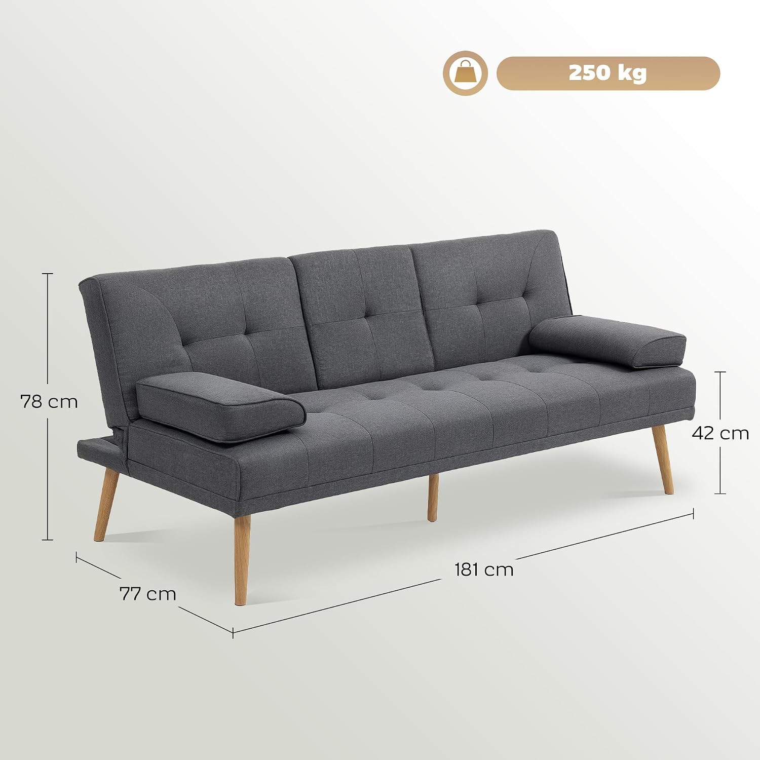 HOMCOM Schlafsofa, 3-Sitzer Sofa, Schlafcouch mit Klappbarem Tisch, Becherhalter, Bettsofa mit Leinenoptik, Couch Gästebet für Wohnzimmer, Dunkelgrau — Ansicht 3