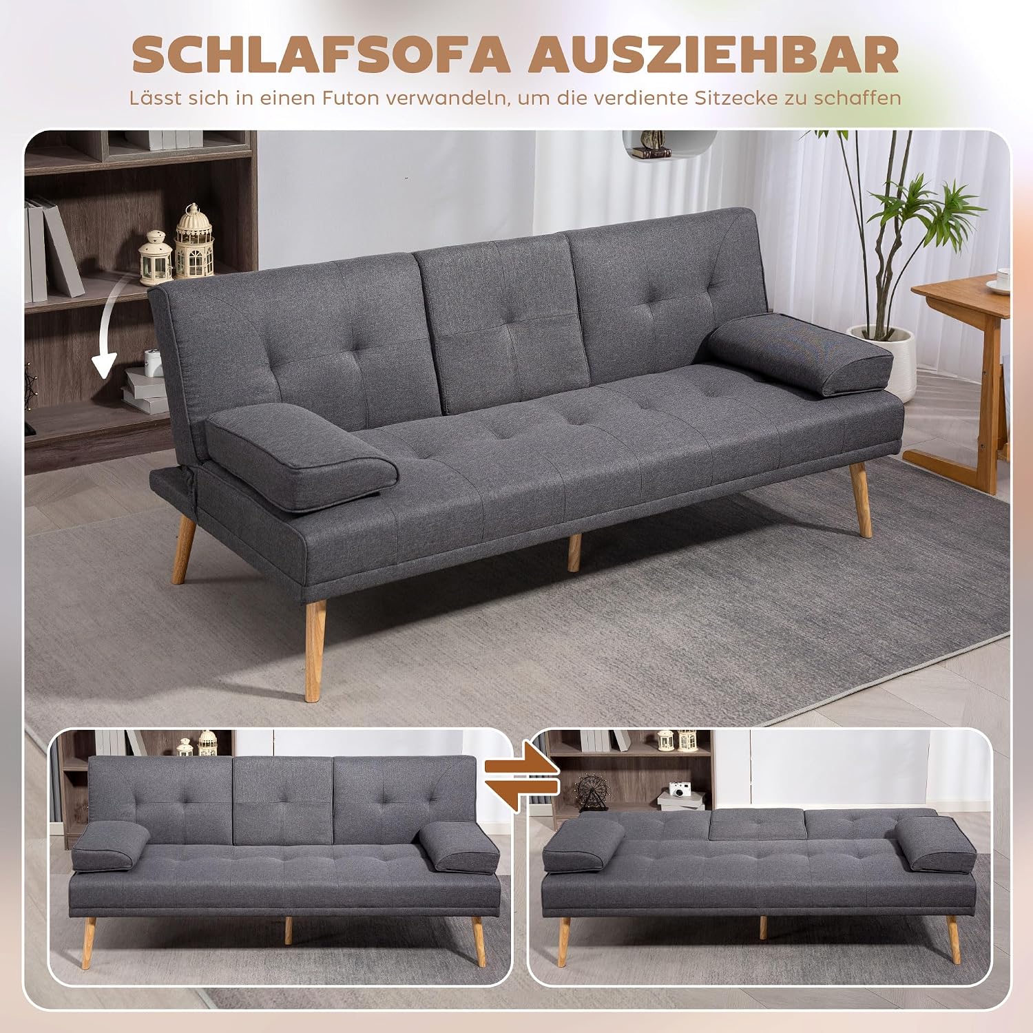 HOMCOM Schlafsofa, 3-Sitzer Sofa, Schlafcouch mit Klappbarem Tisch, Becherhalter, Bettsofa mit Leinenoptik, Couch Gästebet für Wohnzimmer, Dunkelgrau — Ansicht 4