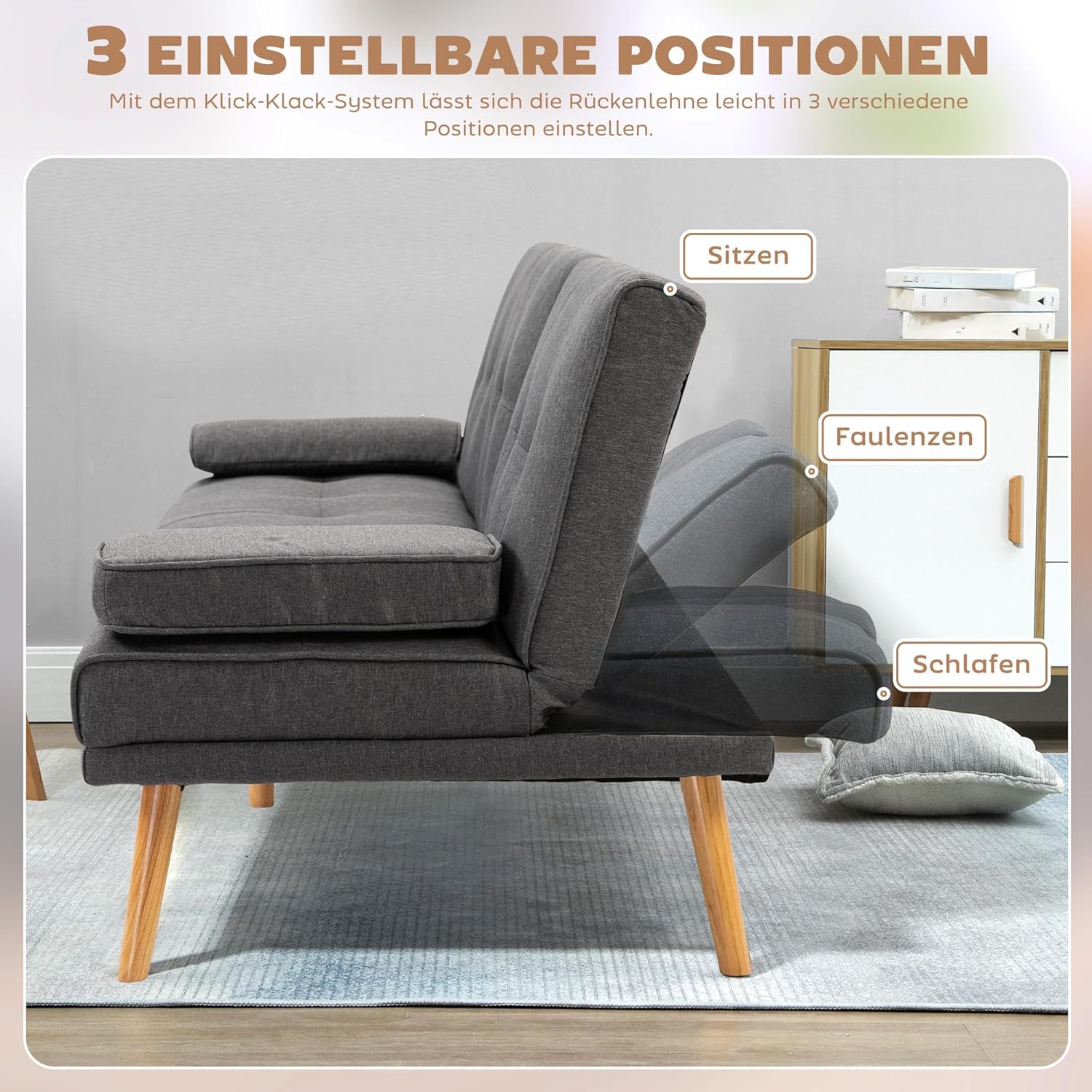HOMCOM Schlafsofa, 3-Sitzer Sofa, Schlafcouch mit Klappbarem Tisch, Becherhalter, Bettsofa mit Leinenoptik, Couch Gästebet für Wohnzimmer, Dunkelgrau — Ansicht 5