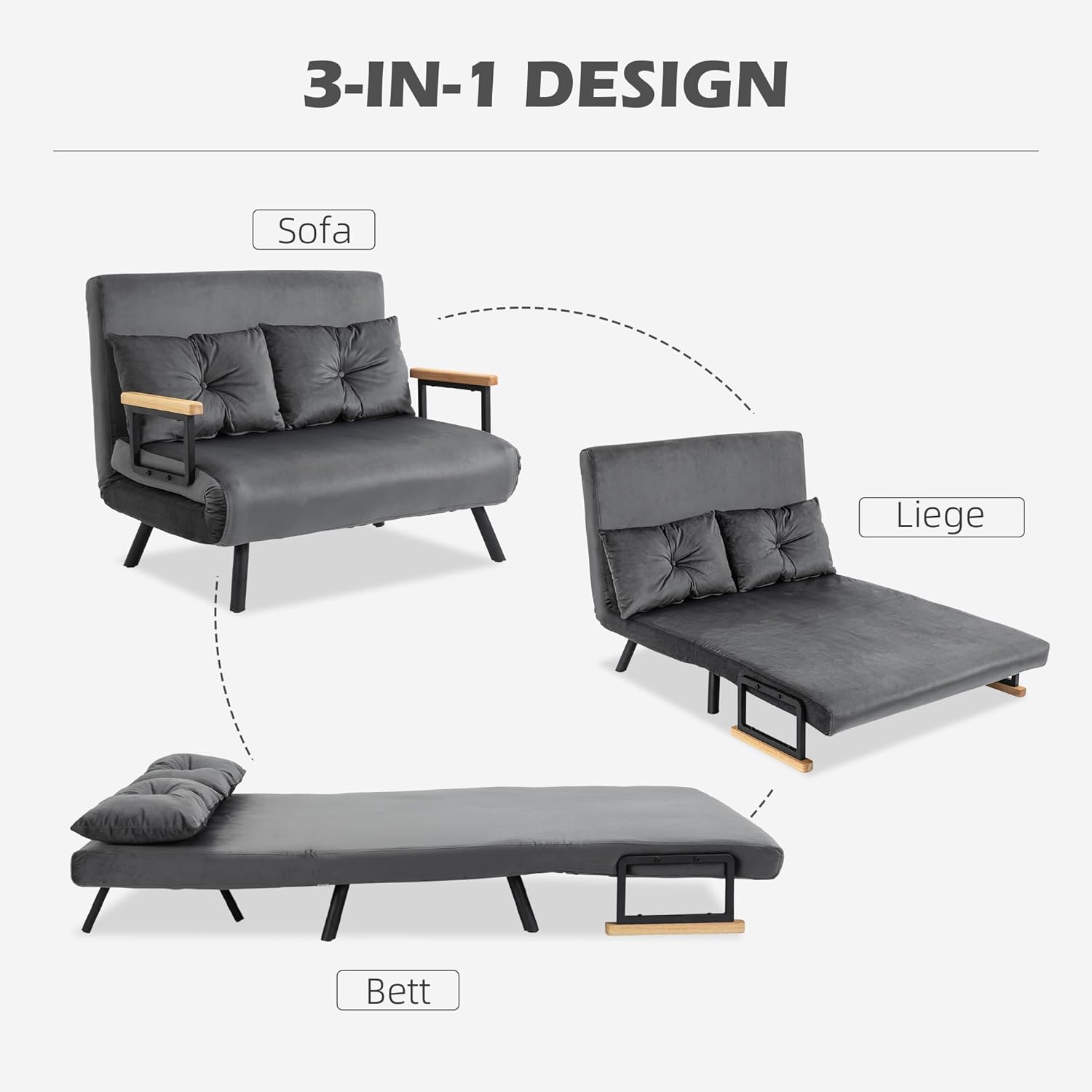 HOMCOM Schlafsofa 4 in 1 2 Sitzer Sofa mit Schlaffunktion, 183 x 98,5 cm Klappbar Couch Schlafcouch mit 5-stufig Verstellbarer Rückenlehne, Lendenkissen und Samtoptik für Wohnzimmer, Dunkelgrau — Ansicht 4