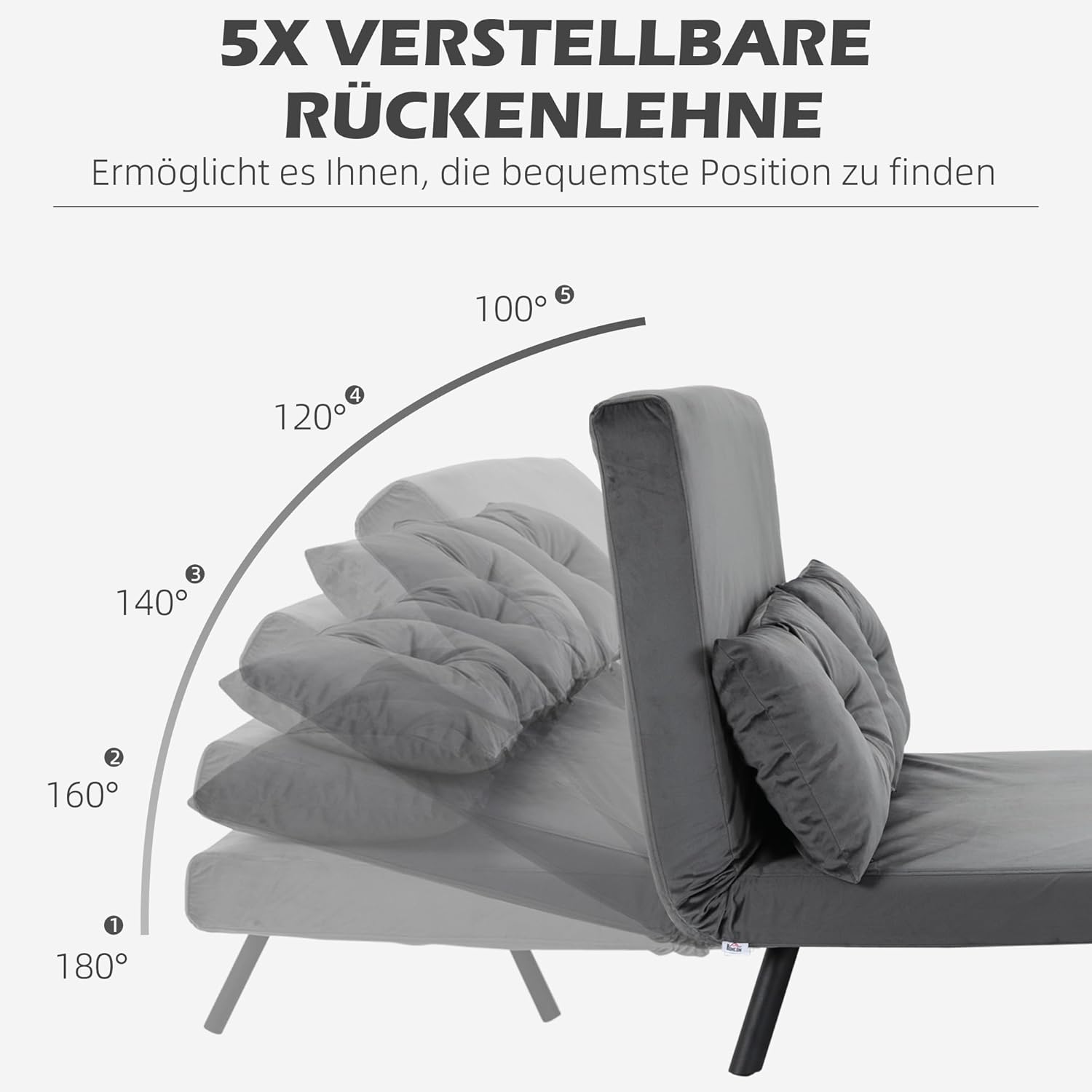 HOMCOM Schlafsofa 4 in 1 2 Sitzer Sofa mit Schlaffunktion, 183 x 98,5 cm Klappbar Couch Schlafcouch mit 5-stufig Verstellbarer Rückenlehne, Lendenkissen und Samtoptik für Wohnzimmer, Dunkelgrau — Ansicht 5
