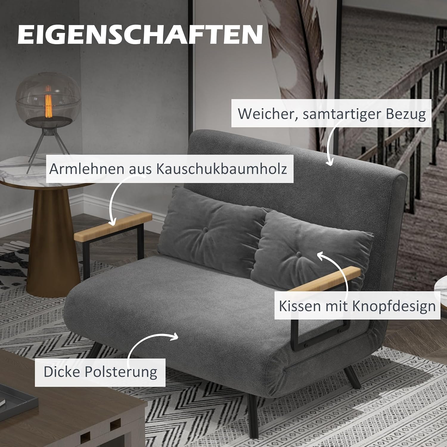 HOMCOM Schlafsofa 4 in 1 2 Sitzer Sofa mit Schlaffunktion, 183 x 98,5 cm Klappbar Couch Schlafcouch mit 5-stufig Verstellbarer Rückenlehne, Lendenkissen und Samtoptik für Wohnzimmer, Dunkelgrau — Ansicht 6