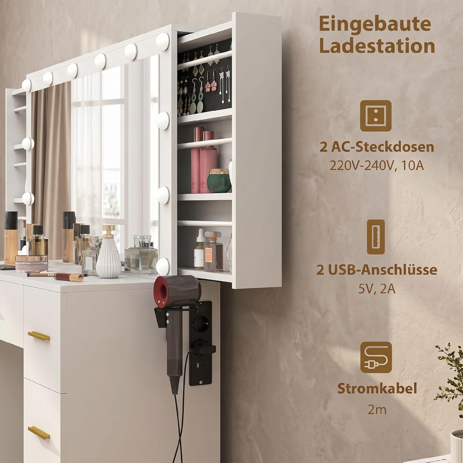 HOMCOM Schminktisch mit 12 LED-Leuchten, Kosmetiktisch mit Spiegel, Ladestation und Föhnhalterung, Frisiertisch mit 7 Schubladen und 6 versteckten Schiebefächern, für Schlafzimmer, Weiß — Ansicht 4