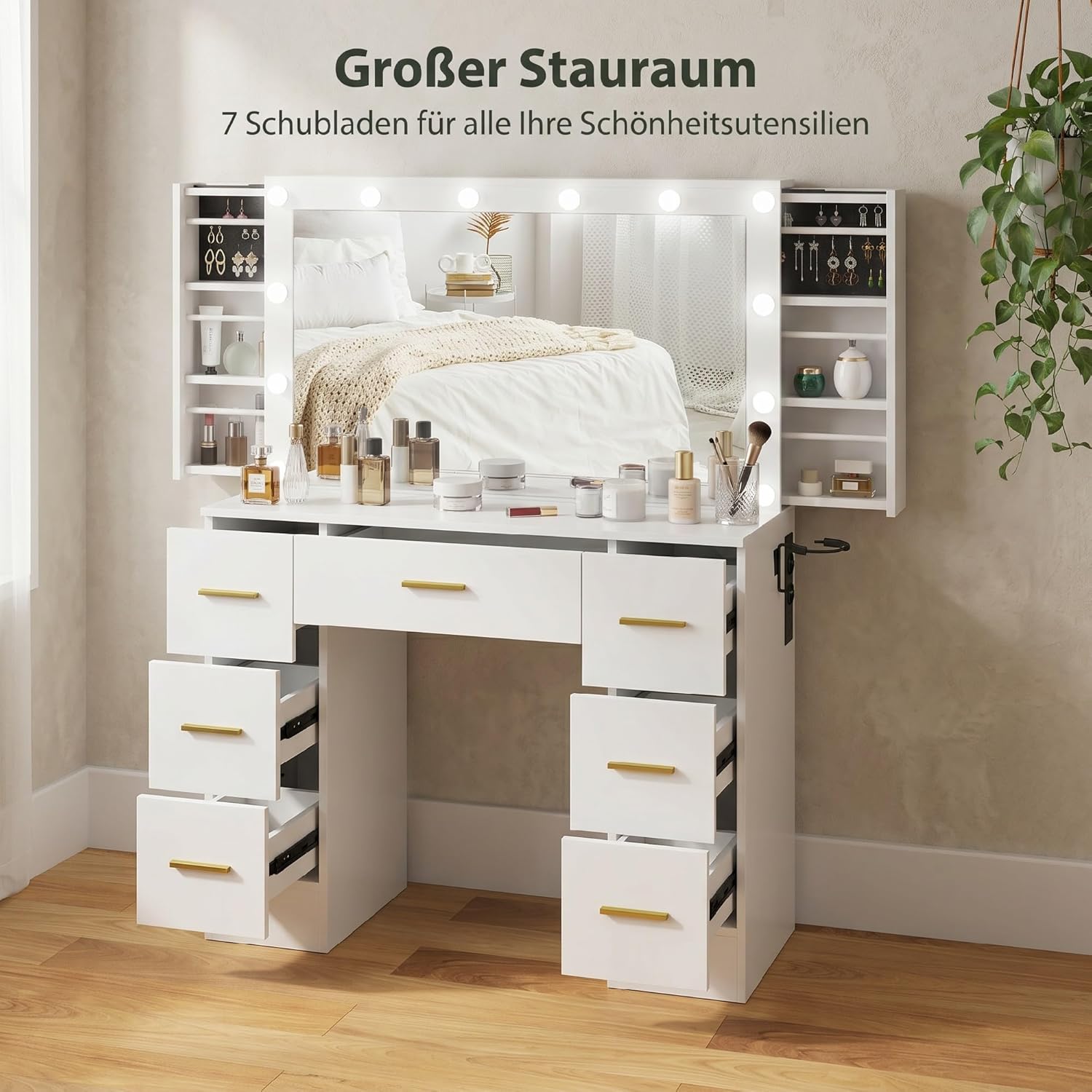 HOMCOM Schminktisch mit 12 LED-Leuchten, Kosmetiktisch mit Spiegel, Ladestation und Föhnhalterung, Frisiertisch mit 7 Schubladen und 6 versteckten Schiebefächern, für Schlafzimmer, Weiß — Ansicht 5