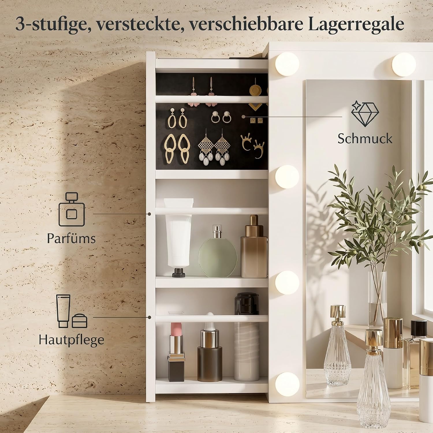 HOMCOM Schminktisch mit 12 LED-Leuchten, Kosmetiktisch mit Spiegel, Ladestation und Föhnhalterung, Frisiertisch mit 7 Schubladen und 6 versteckten Schiebefächern, für Schlafzimmer, Weiß — Ansicht 6