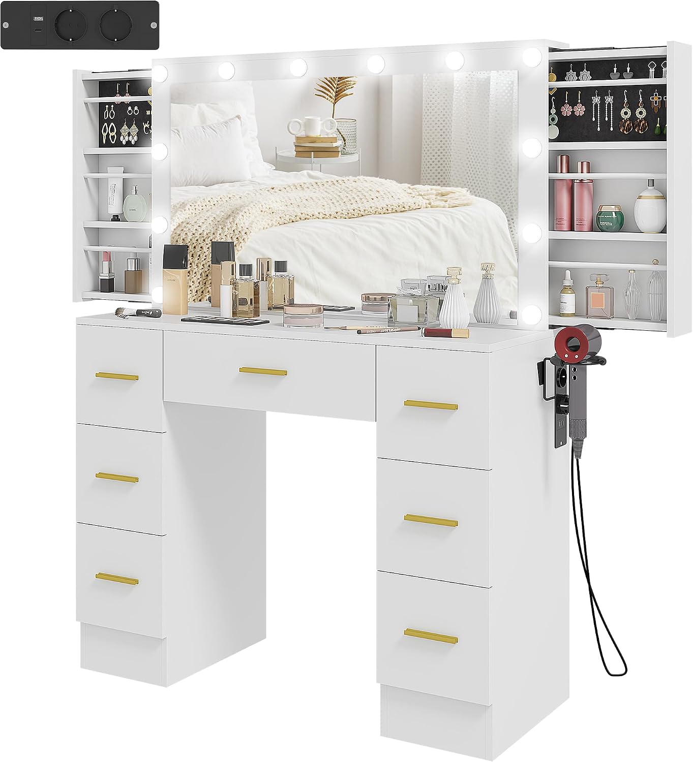 HOMCOM Schminktisch mit 12 LED-Leuchten, Kosmetiktisch mit Spiegel, Ladestation und Föhnhalterung, Frisiertisch mit 7 Schubladen und 6 versteckten Schiebefächern, für Schlafzimmer, Weiß