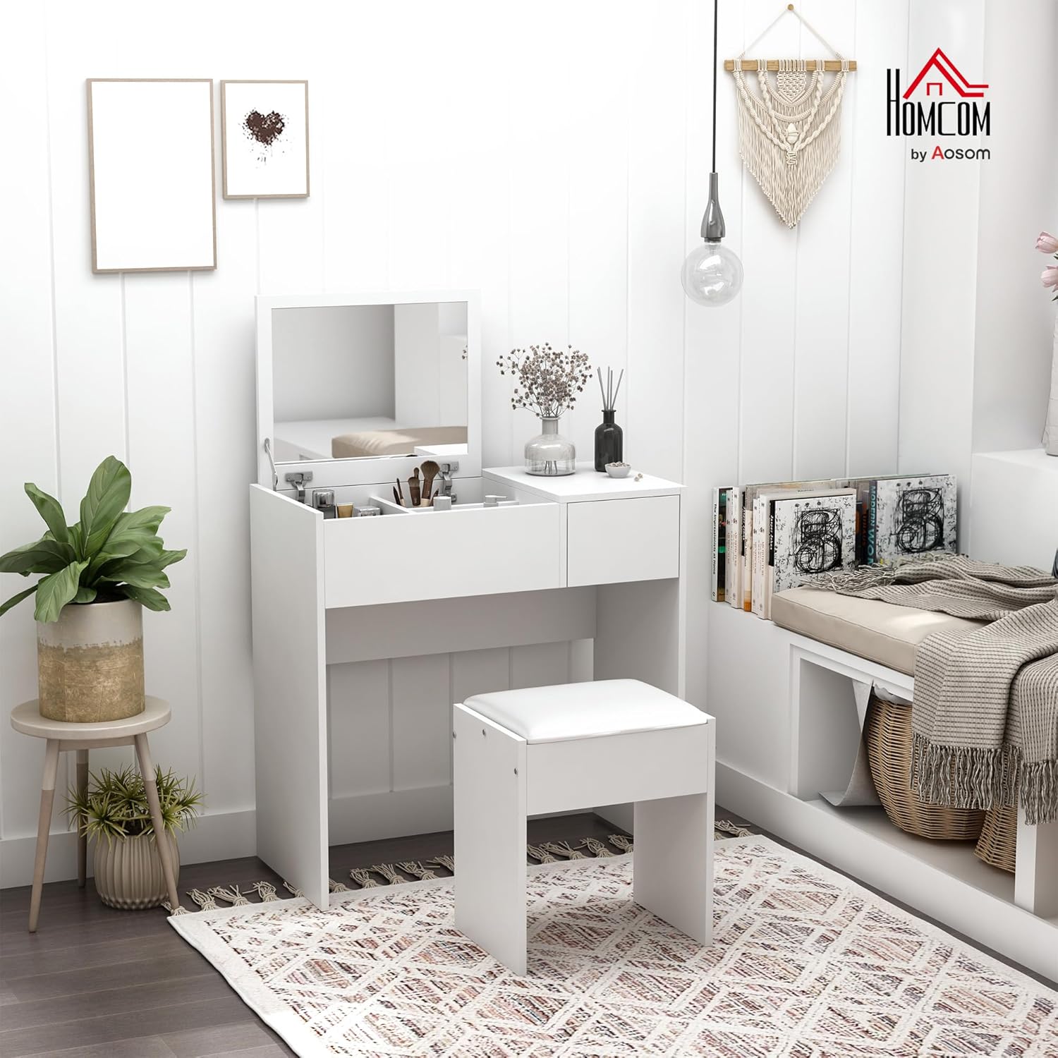 Homcom Schminktisch-Set mit hochklappbarem Spiegel, gepolsterter Hocker, Kommode, Schublade, Weiß — Ansicht 2