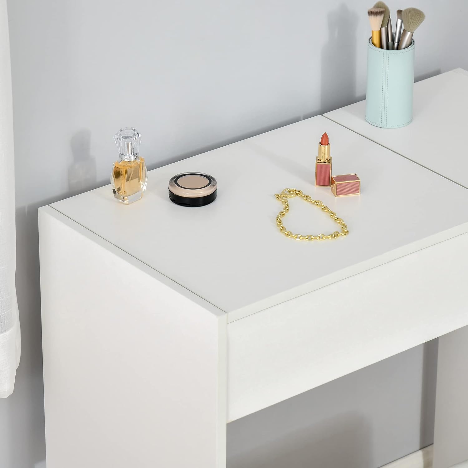 Homcom Schminktisch-Set mit hochklappbarem Spiegel, gepolsterter Hocker, Kommode, Schublade, Weiß — Ansicht 6