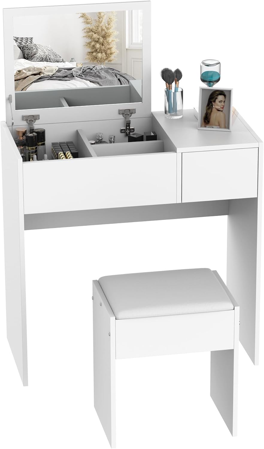 Homcom Schminktisch-Set mit hochklappbarem Spiegel, gepolsterter Hocker, Kommode, Schublade, Weiß