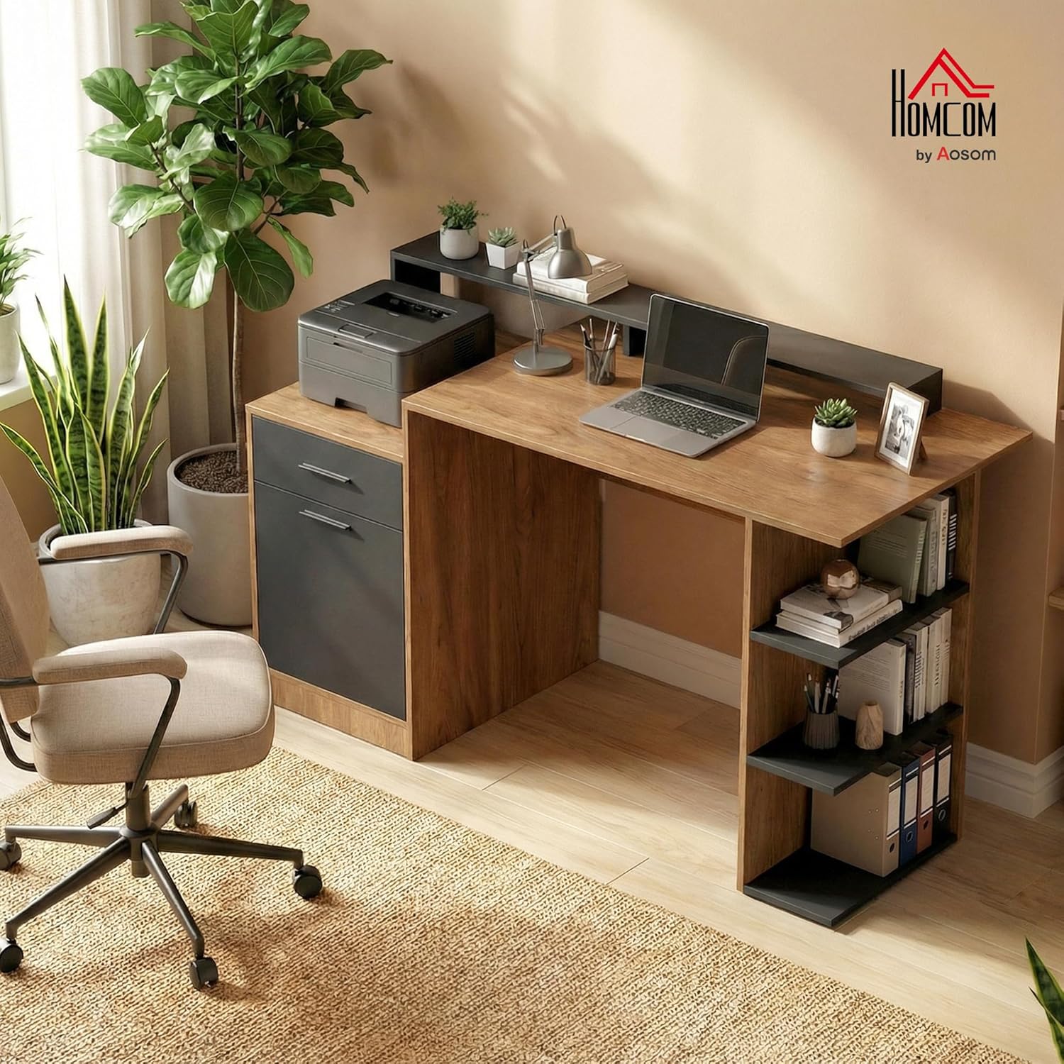 HOMCOM Schreibtisch 140x60cm Computertisch, Bürotisch mit Schubladen, Kopfhörerhaken, Schrank und Regalen, PC Tisch für Home Office, Arbeitszimmer, Schlafzimmer, Eiche — Ansicht 2