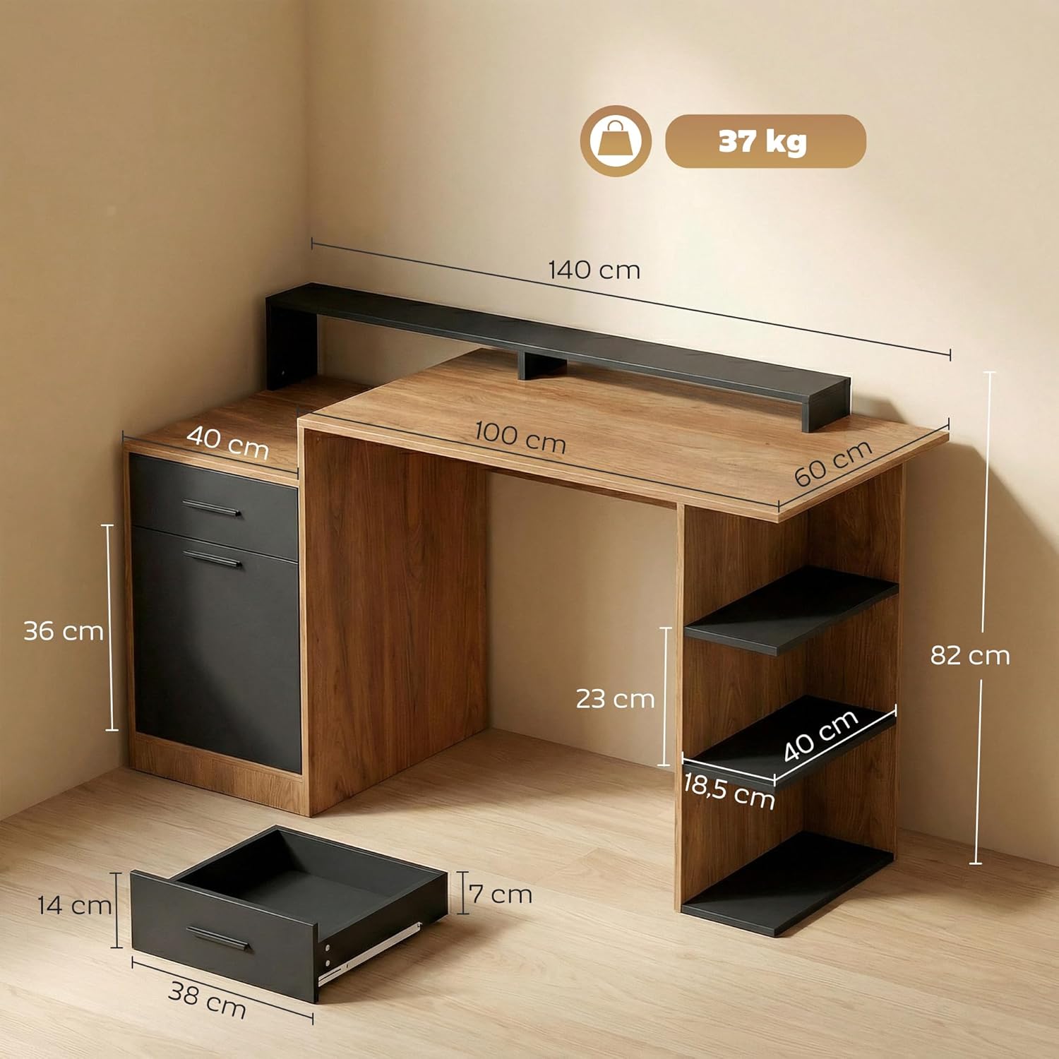 HOMCOM Schreibtisch 140x60cm Computertisch, Bürotisch mit Schubladen, Kopfhörerhaken, Schrank und Regalen, PC Tisch für Home Office, Arbeitszimmer, Schlafzimmer, Eiche — Ansicht 3