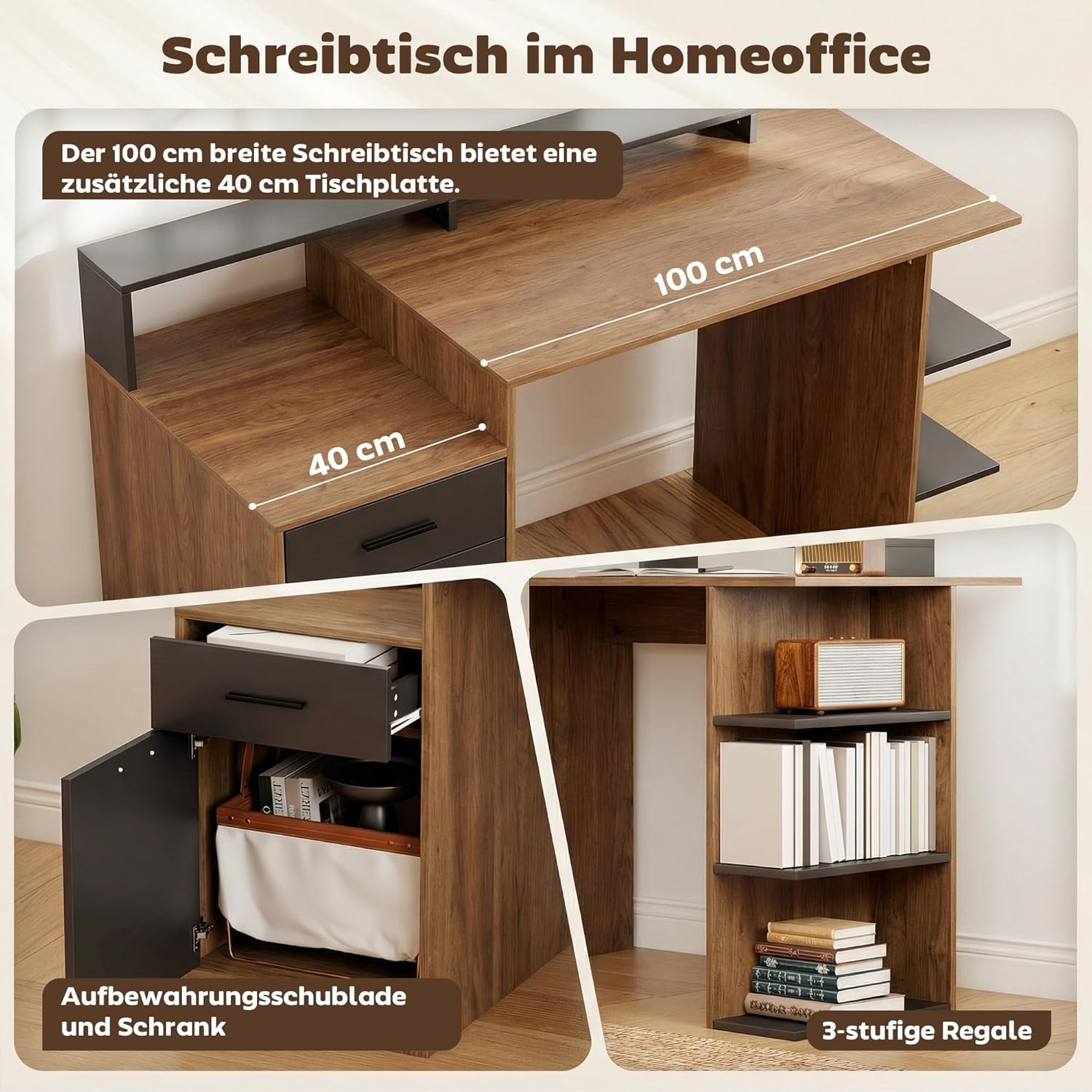 HOMCOM Schreibtisch 140x60cm Computertisch, Bürotisch mit Schubladen, Kopfhörerhaken, Schrank und Regalen, PC Tisch für Home Office, Arbeitszimmer, Schlafzimmer, Eiche — Ansicht 4