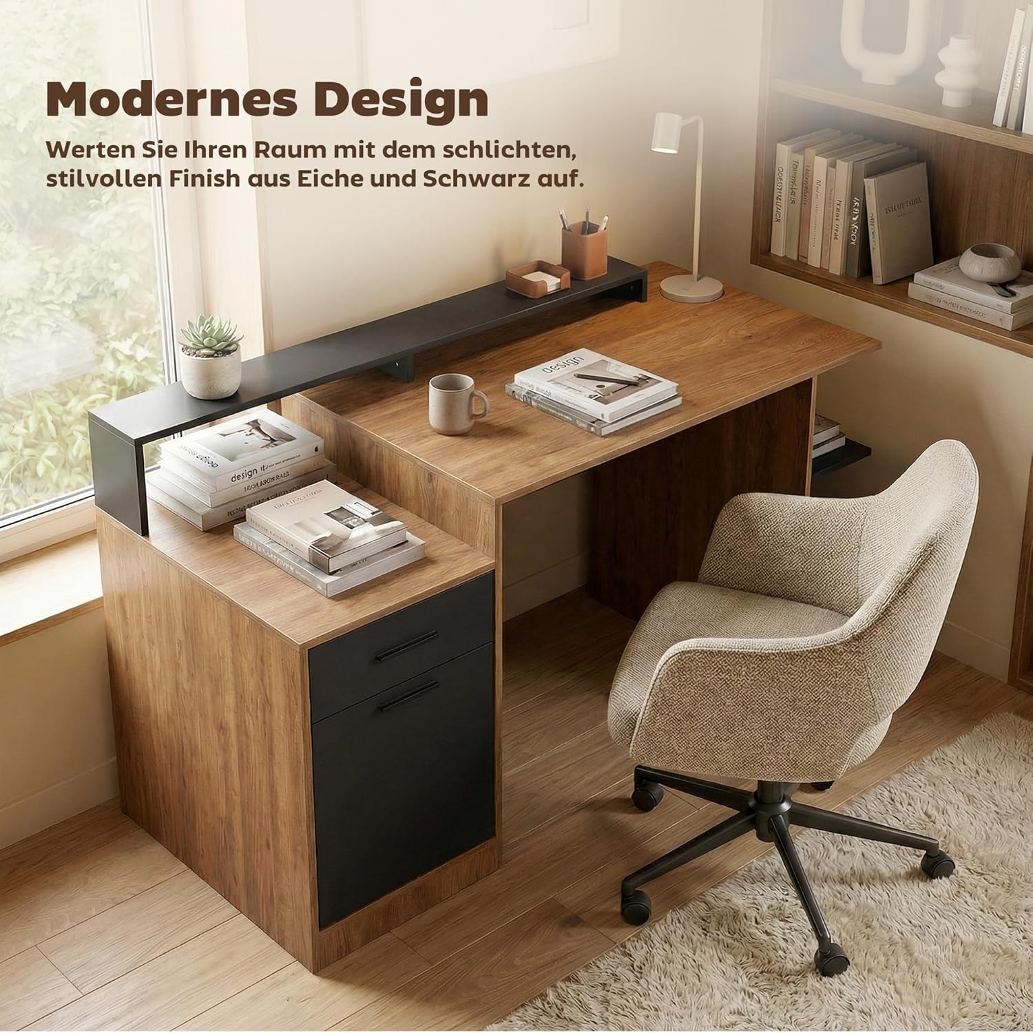 HOMCOM Schreibtisch 140x60cm Computertisch, Bürotisch mit Schubladen, Kopfhörerhaken, Schrank und Regalen, PC Tisch für Home Office, Arbeitszimmer, Schlafzimmer, Eiche — Ansicht 6