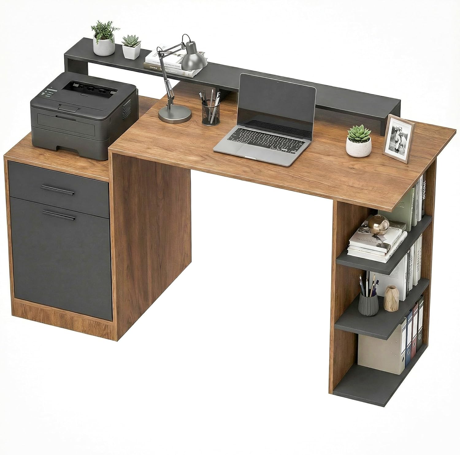 HOMCOM Schreibtisch 140x60cm Computertisch, Bürotisch mit Schubladen, Kopfhörerhaken, Schrank und Regalen, PC Tisch für Home Office, Arbeitszimmer, Schlafzimmer, Eiche