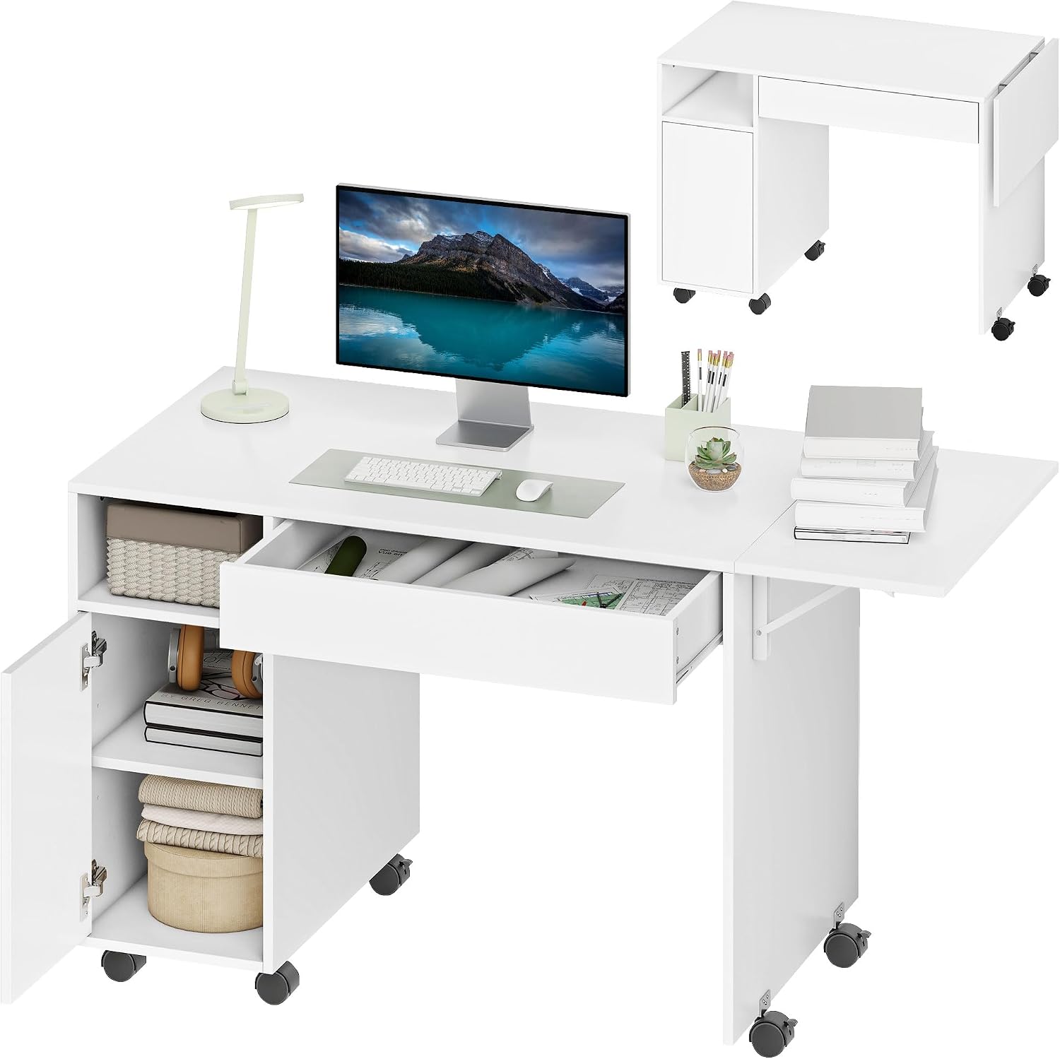 HOMCOM Schreibtisch mit Rollen, Bürotisch mit Schublade, Klappplatte und Schrank 140 x 53 x 75 cm Moderner Computertisch mit offenem Fach, Vertsellbar Regal für Büro, Wohnzimmer Weiß